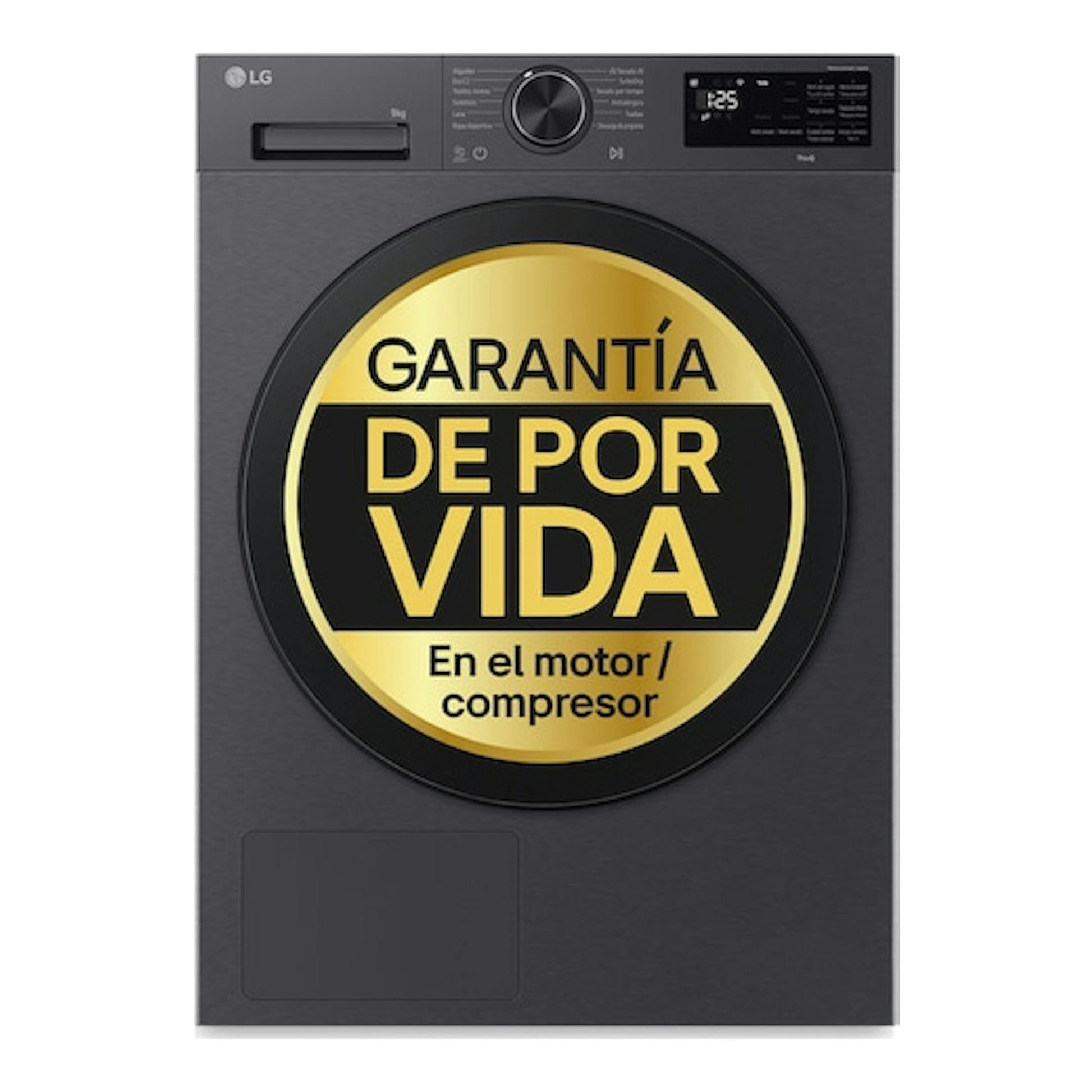 Secadora LG gris oscuro, vista frontal, con pegatina circular dorada de garantía de por vida en el centro.