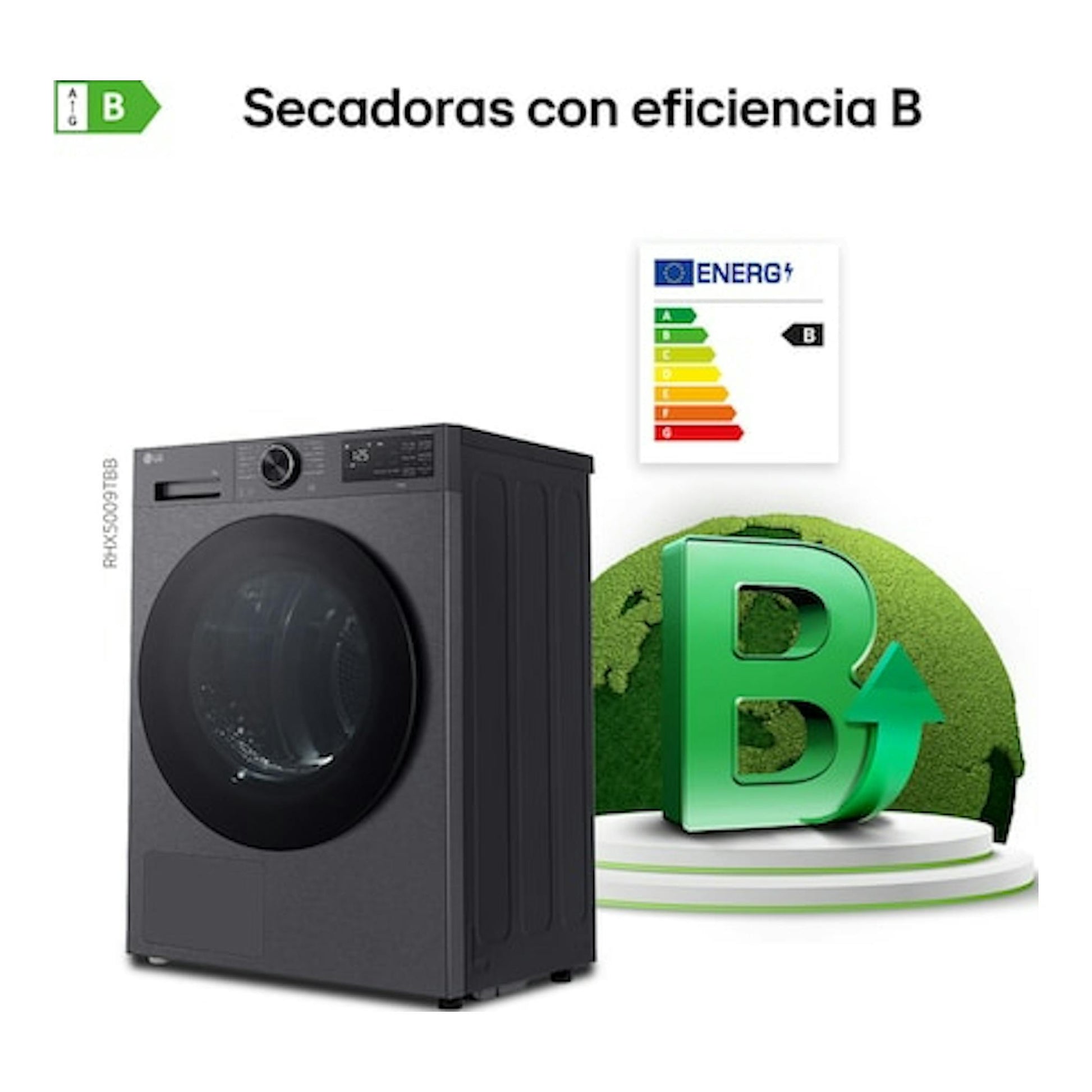 Secadora LG RHX5009TBB negra, vista frontal en ángulo, con etiqueta de eficiencia energética B.