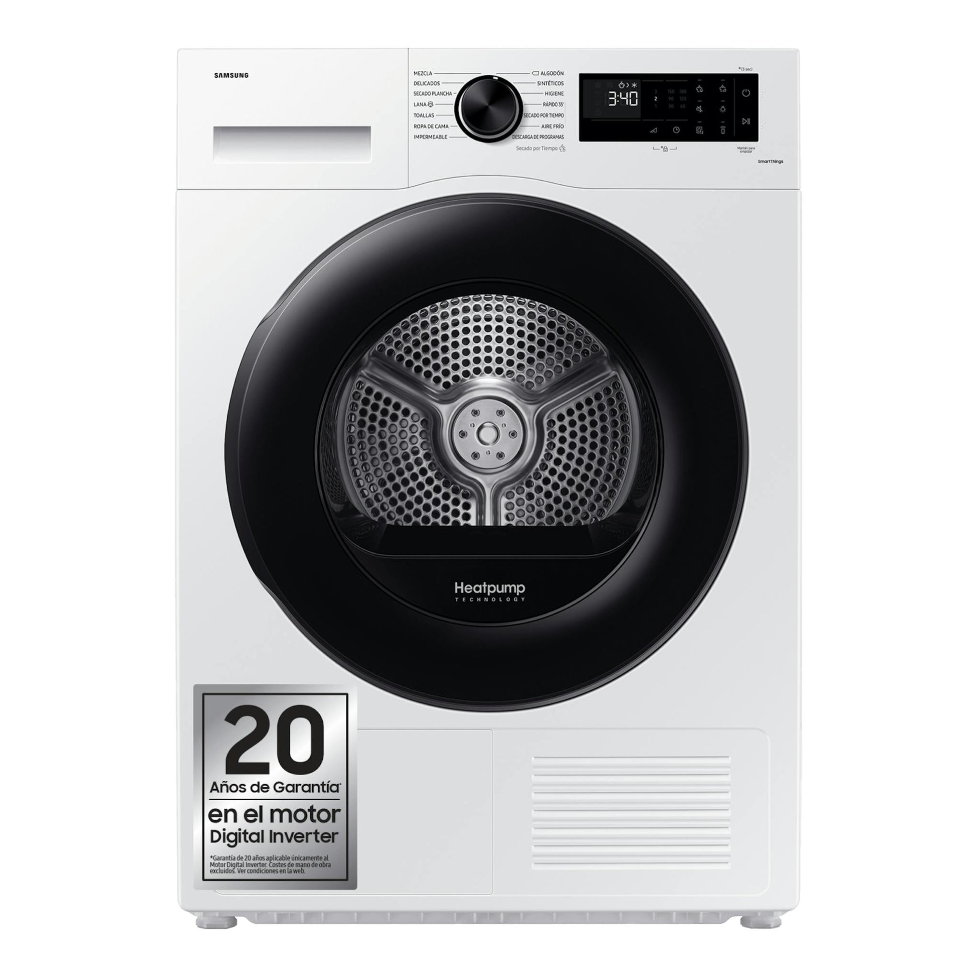 Secadora Samsung DV90CGC2A0AEEC blanca, vista frontal, con puerta negra circular y panel digital superior.