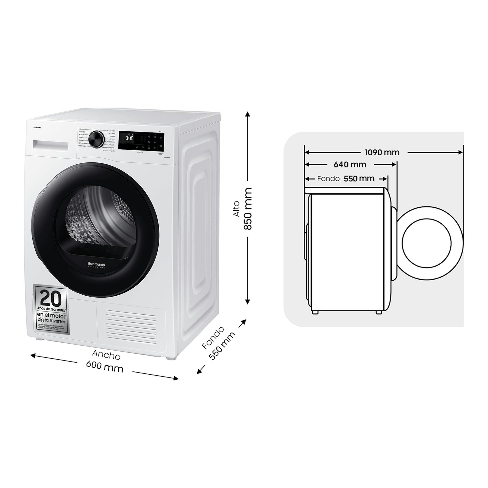 Secadora Samsung DV90CGC2A0AEEC blanca, vista frontal en 3/4, con tambor negro y esquema de medidas.