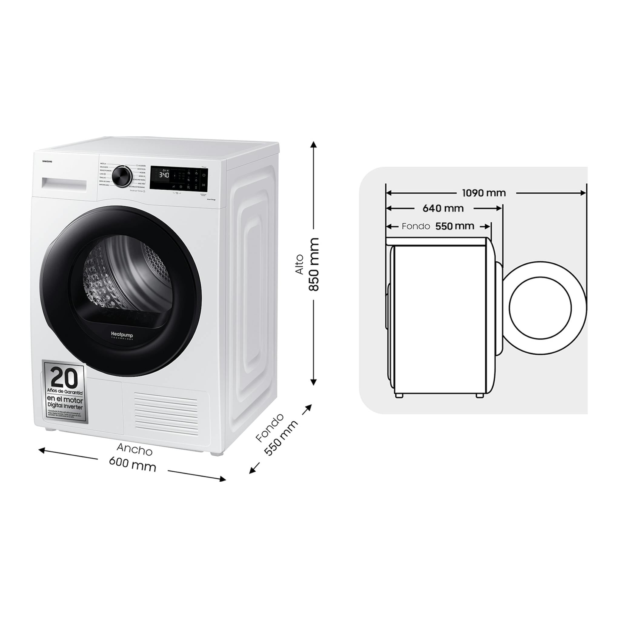 Secadora Samsung DV90CGC2A0AEEC blanca, vista frontal en 3/4, con tambor negro y esquema de medidas.