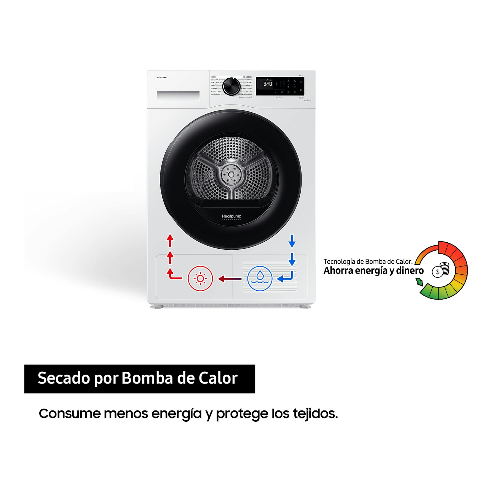 Secadora Samsung DV90CGC2A0AEEC blanca, vista frontal, con puerta negra y panel digital.