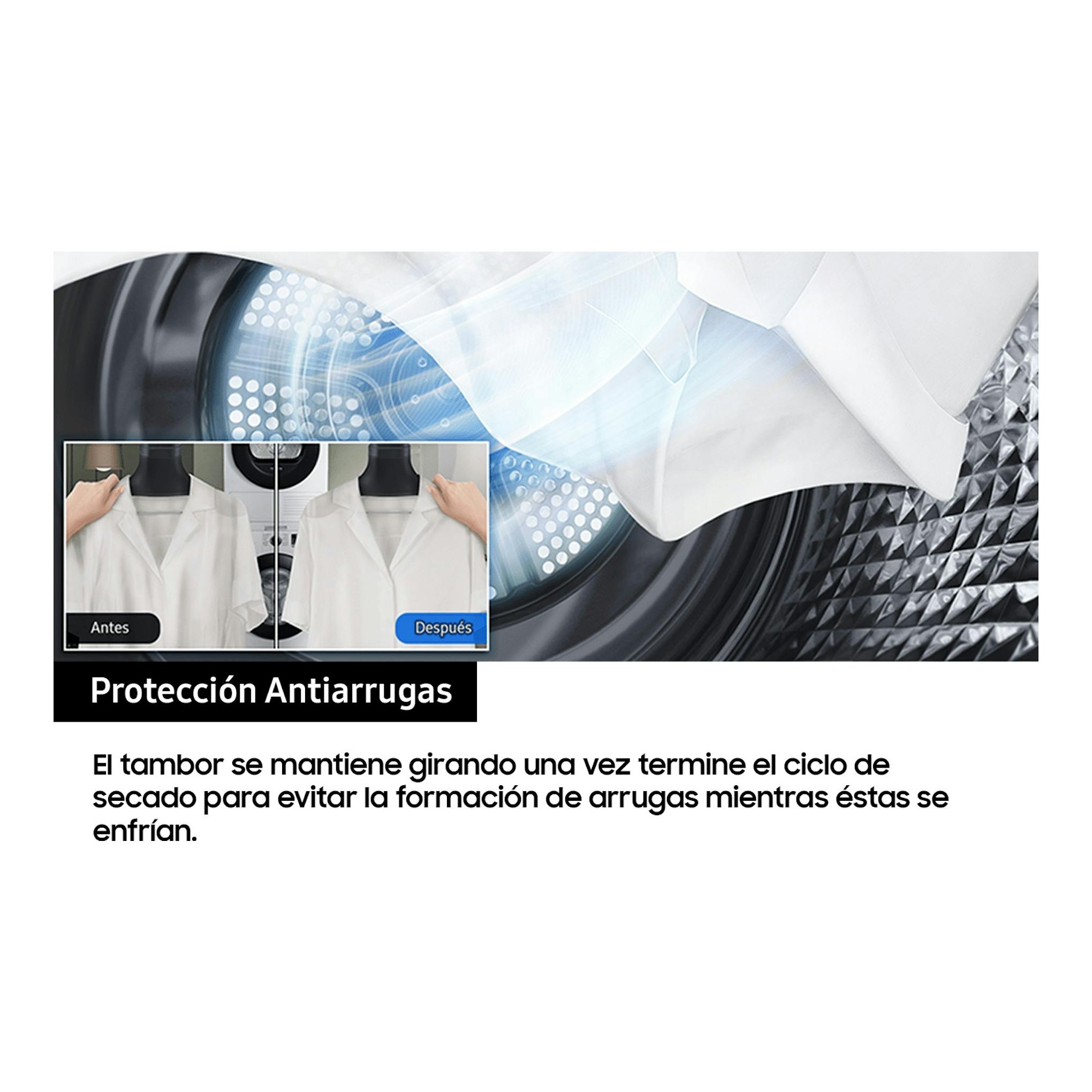 Samsung DV90CGC2A0AEEC: gráfico de secadora con camisa en tambor, protección antiarrugas y comparativa antes/después.