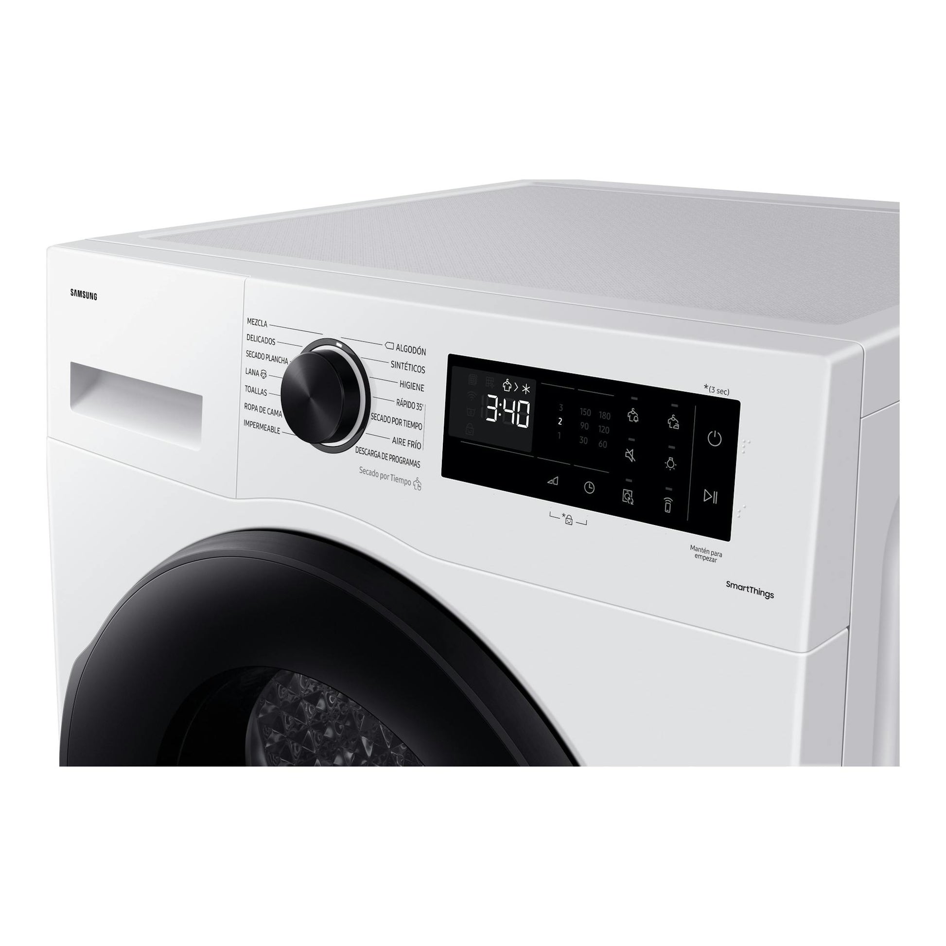 Secadora Samsung DV90CGC2A0AEEC blanca, vista frontal parcial con panel digital y selector de programas