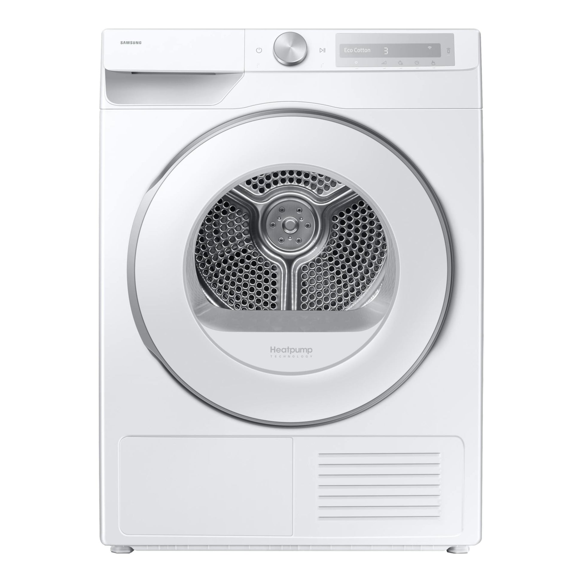 Secadora Samsung DV90DG6845HHU3 blanca, vista frontal, con puerta circular y panel digital superior.