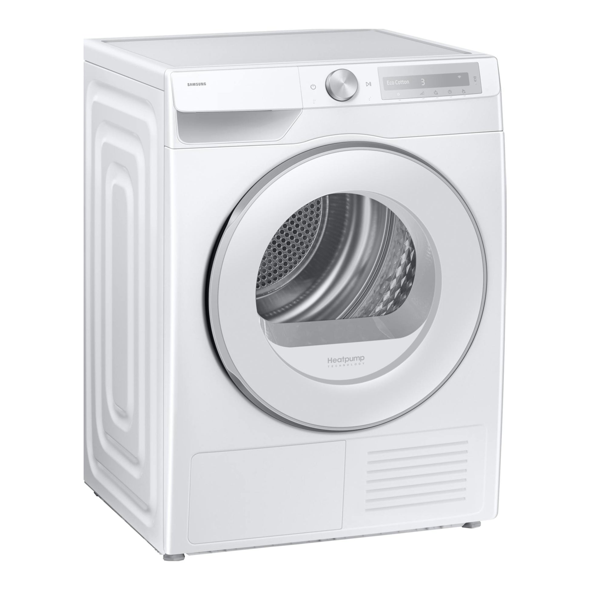 Secadora Samsung DV90DG6845HHU3 blanca, vista frontal en tres cuartos, con puerta circular y panel digital.