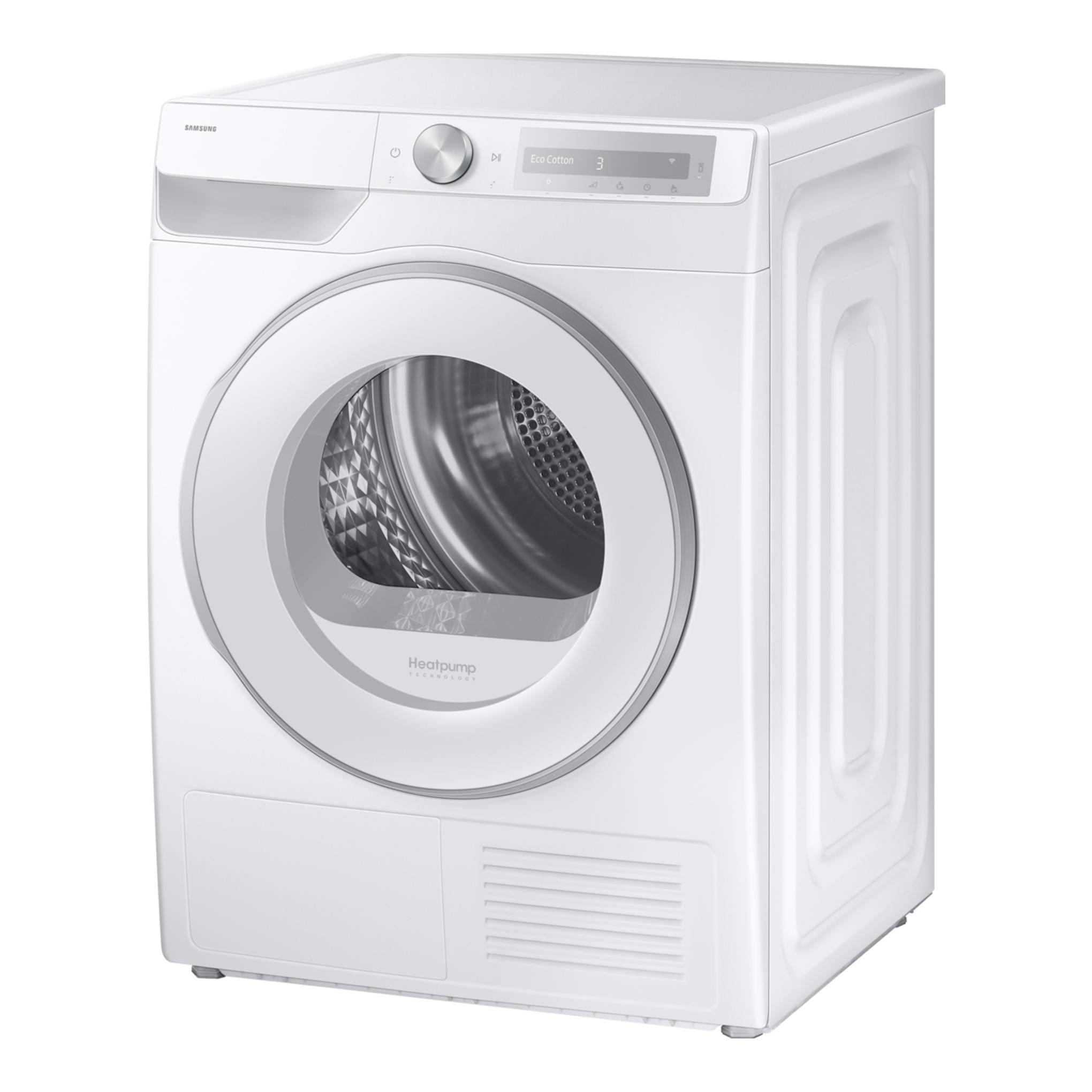 Secadora Samsung DV90DG6845HHU3 blanca, vista frontal en ángulo, con puerta circular y panel digital.
