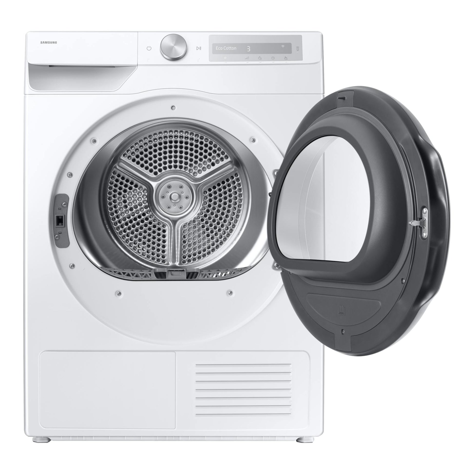 Secadora Samsung DV90DG6845HHU3 blanca, vista frontal, con puerta gris oscuro abatible abierta.
