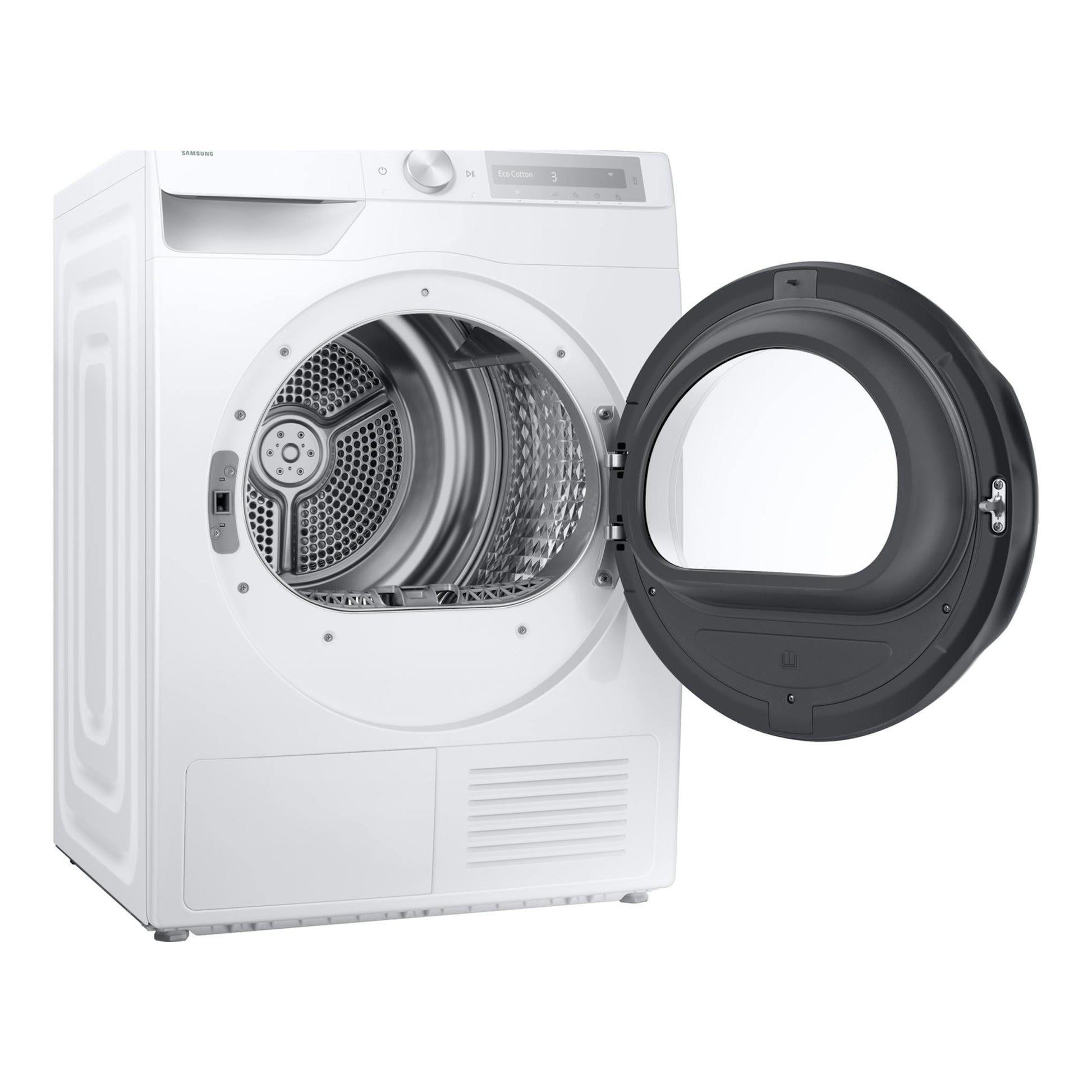 Secadora Samsung DV90DG6845HHU3 blanca, vista frontal, con puerta negra abierta.