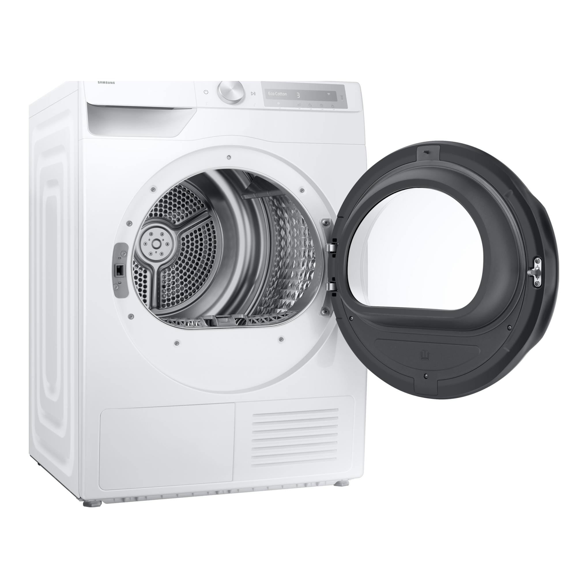 Secadora Samsung DV90DG6845HHU3 blanca, vista frontal, con puerta negra abierta.