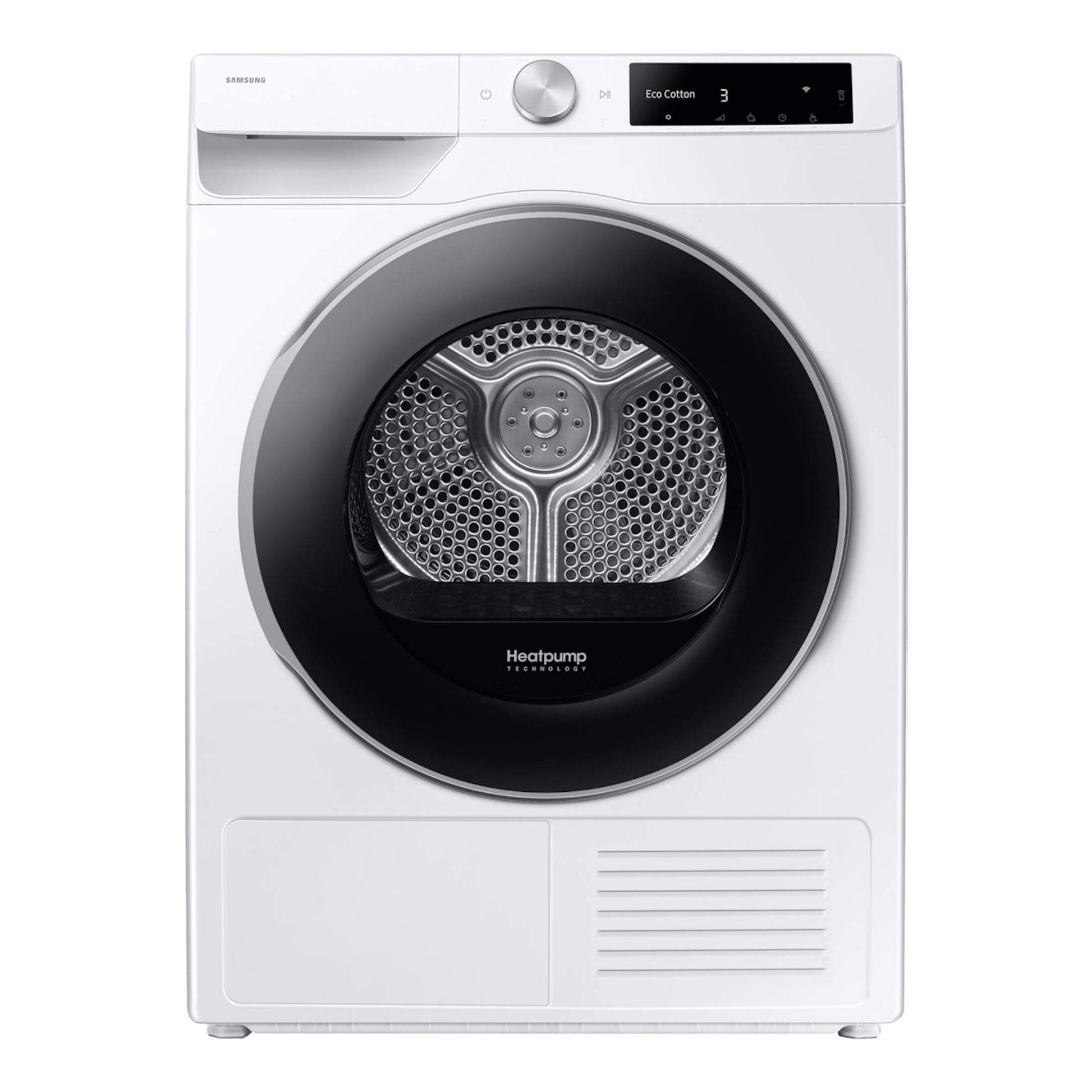 Secadora Samsung DV90DG6845LEU3 blanca, vista frontal, con puerta circular negra y panel digital superior.