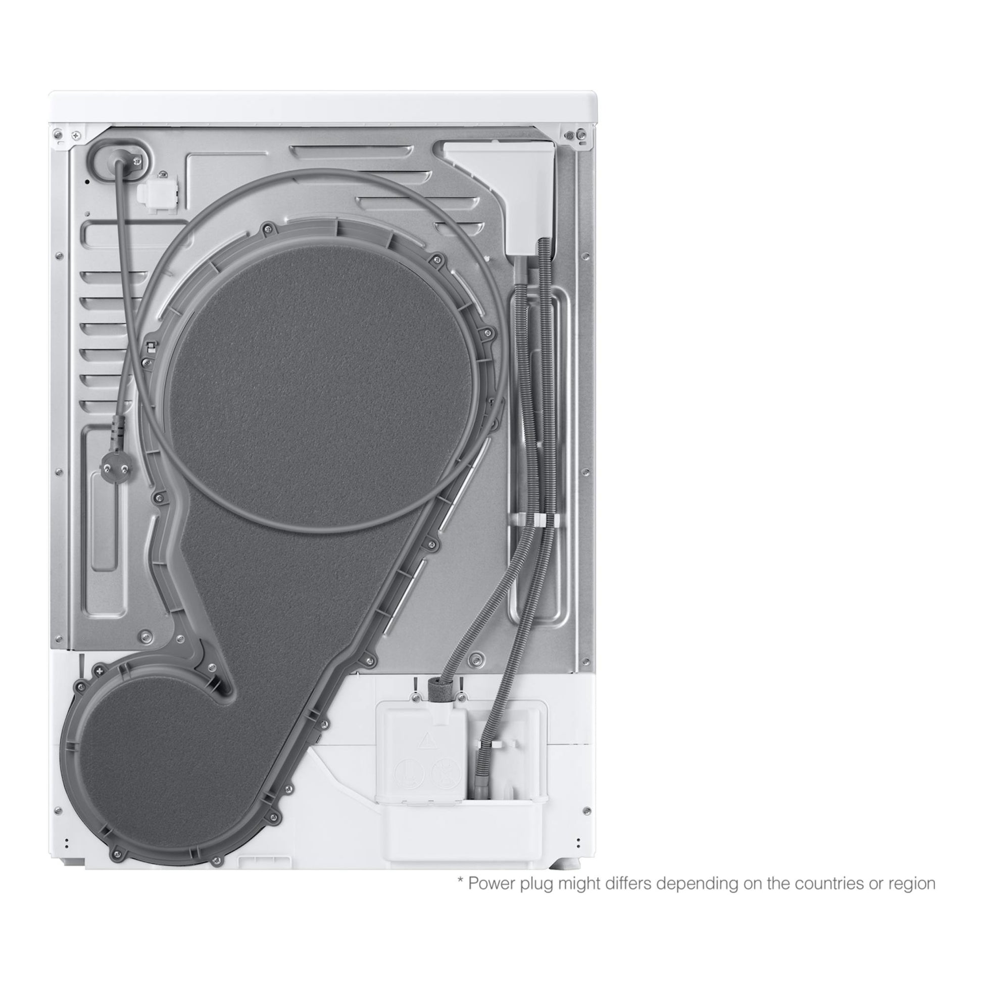 Secadora Samsung DV90DG6845LEU3, vista trasera interior en blanco y gris, con conductos y cableado.
