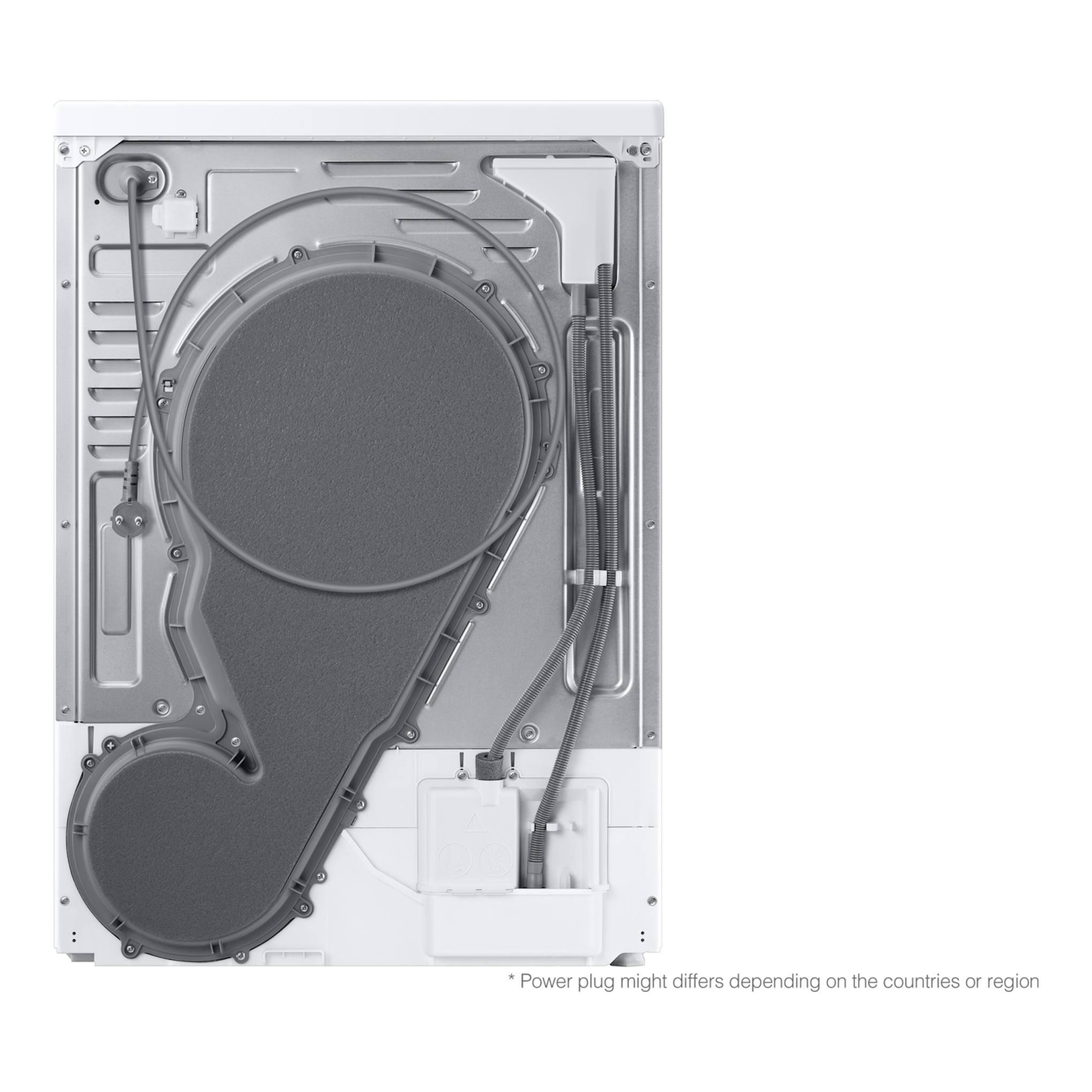 Secadora Samsung DV90DG6845LEU3, vista trasera interior en blanco y gris, con conductos y cableado.