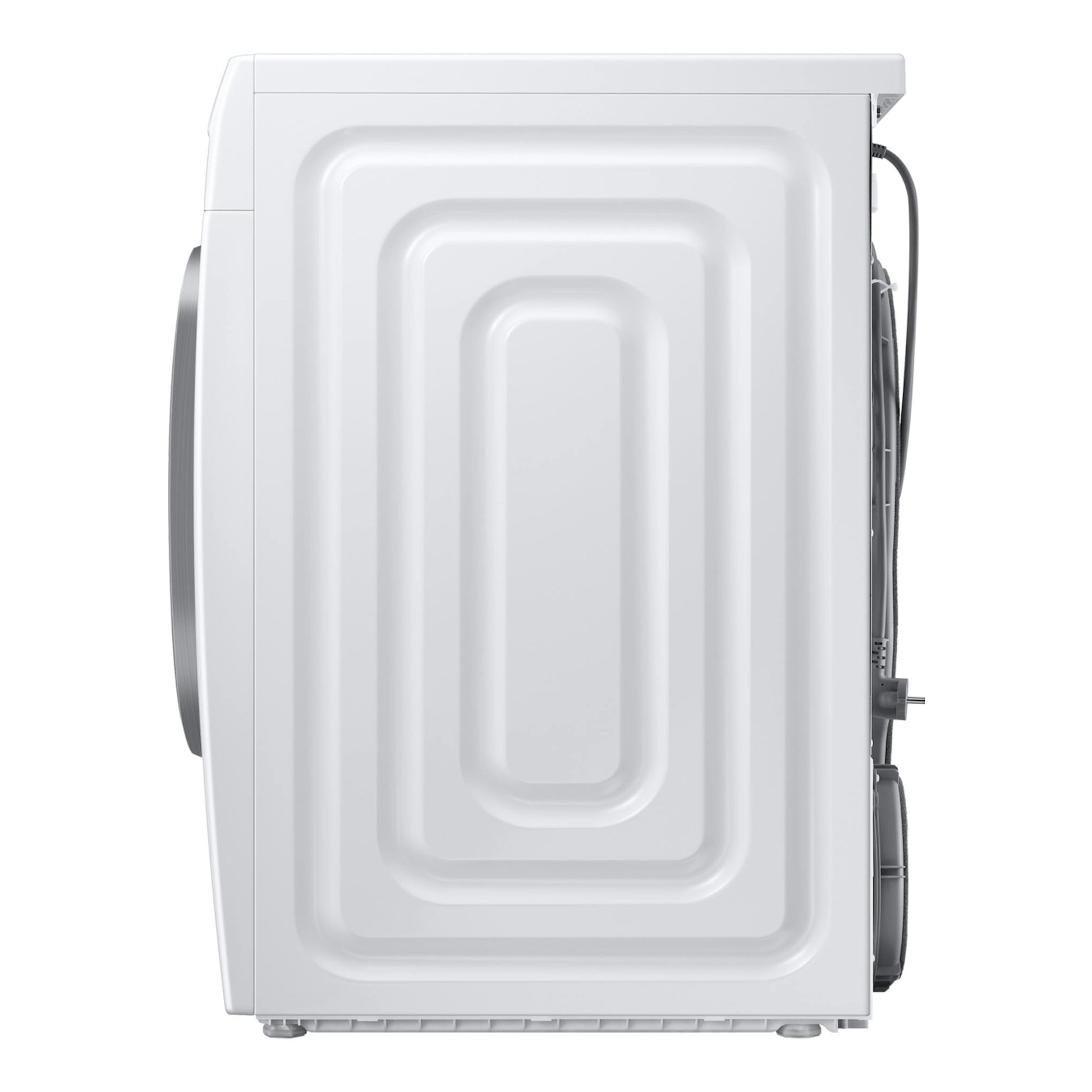 Secadora Samsung DV90DG6845LEU3 blanca, vista lateral, con panel trasero visible.