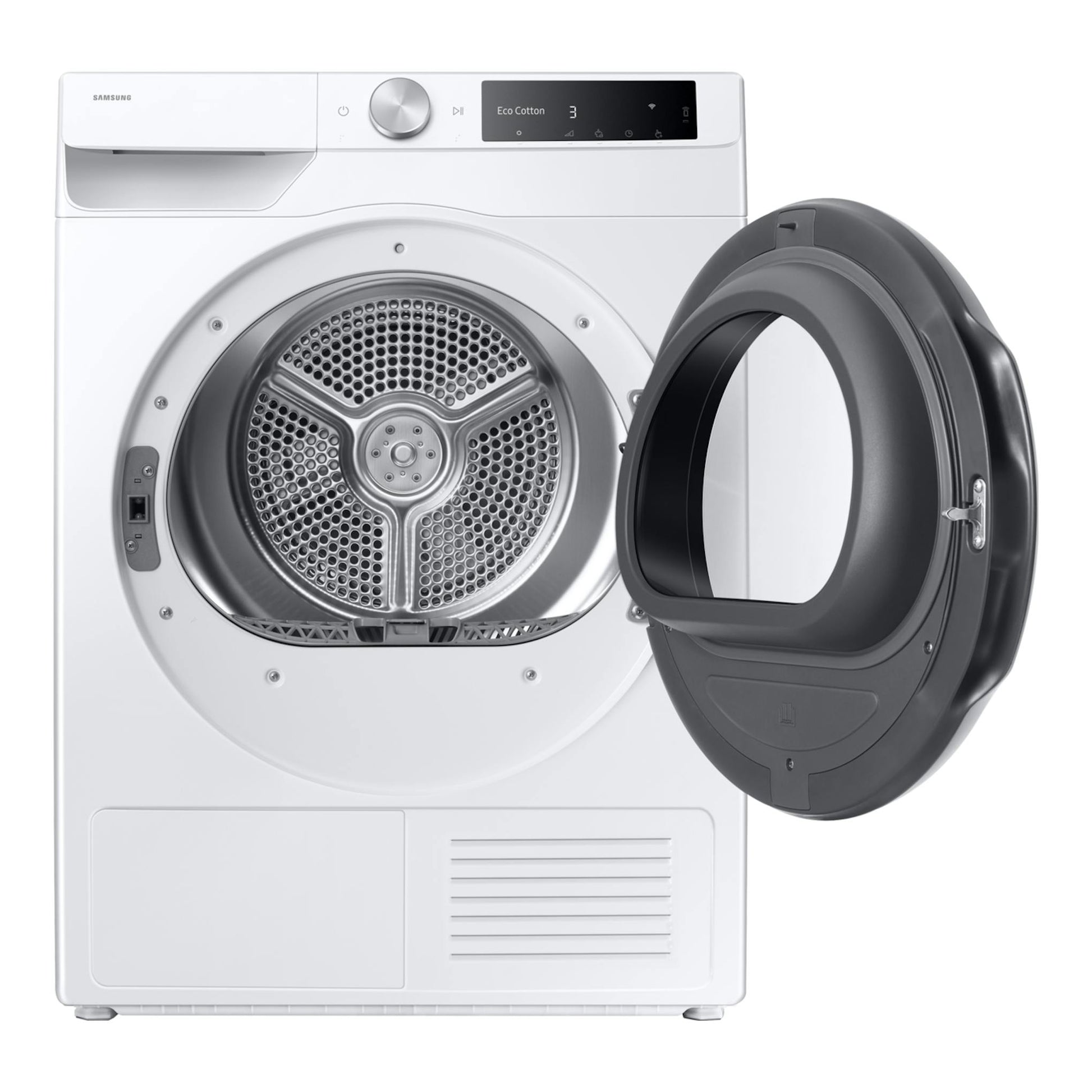 Secadora Samsung DV90DG6845LEU3 blanca, vista frontal con la puerta abierta y panel digital superior.