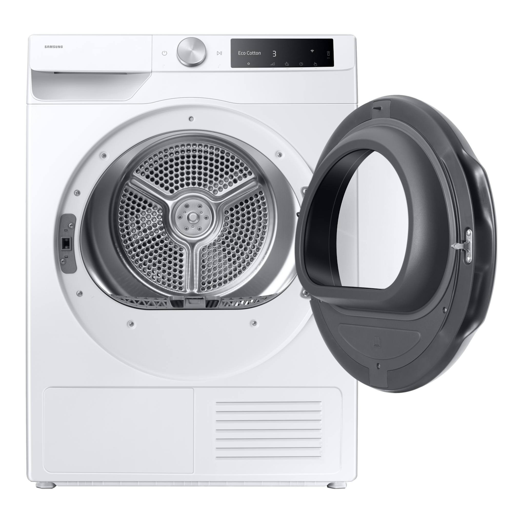 Secadora Samsung DV90DG6845LEU3 blanca, vista frontal con la puerta abierta y panel digital superior.