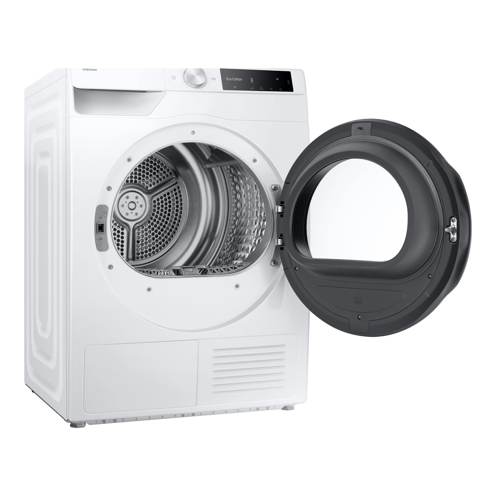 Secadora Samsung DV90DG6845LEU3 blanca, vista frontal con puerta abierta y panel digital superior.