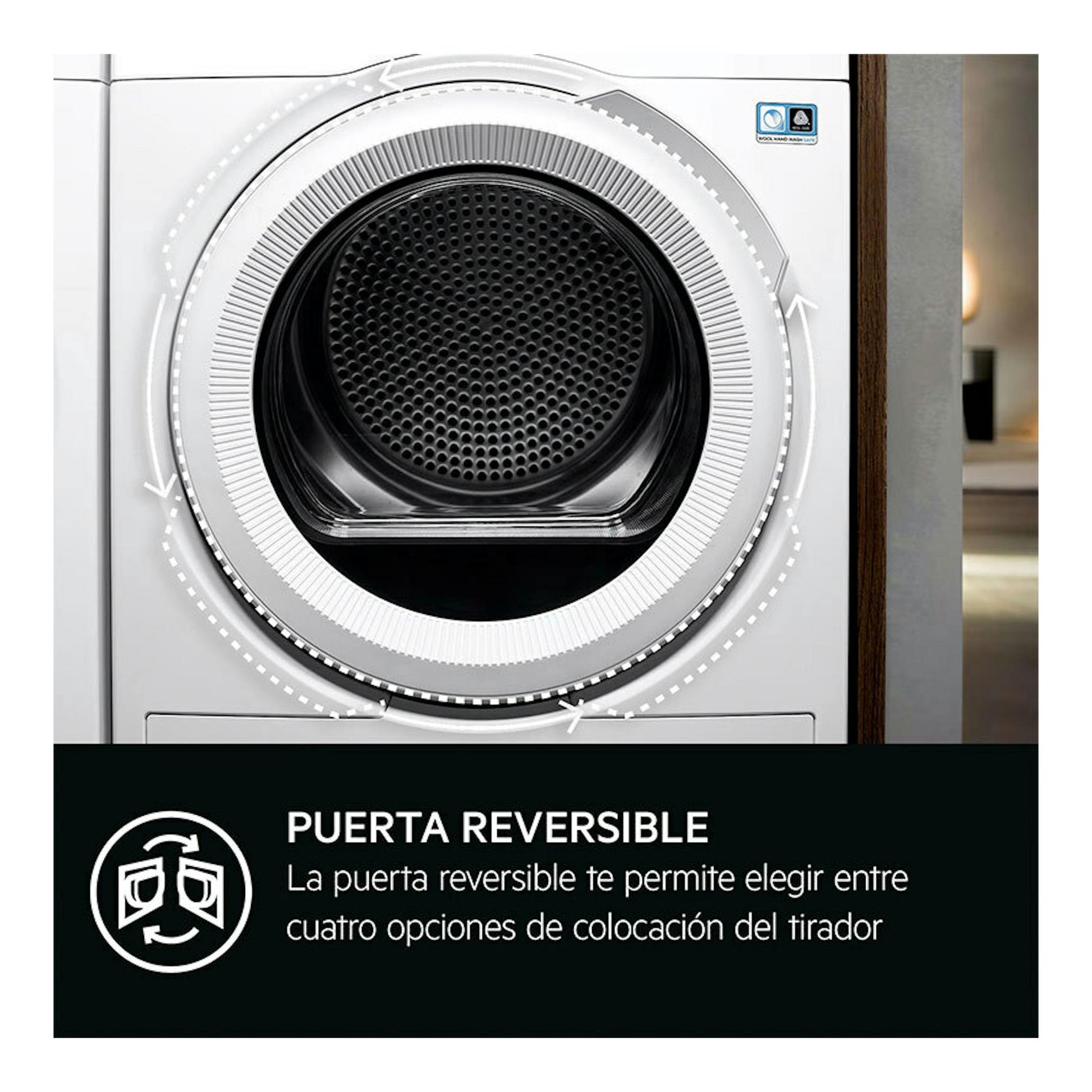 Secadora AEG TR718A2OB blanca, vista frontal de la puerta circular reversible.