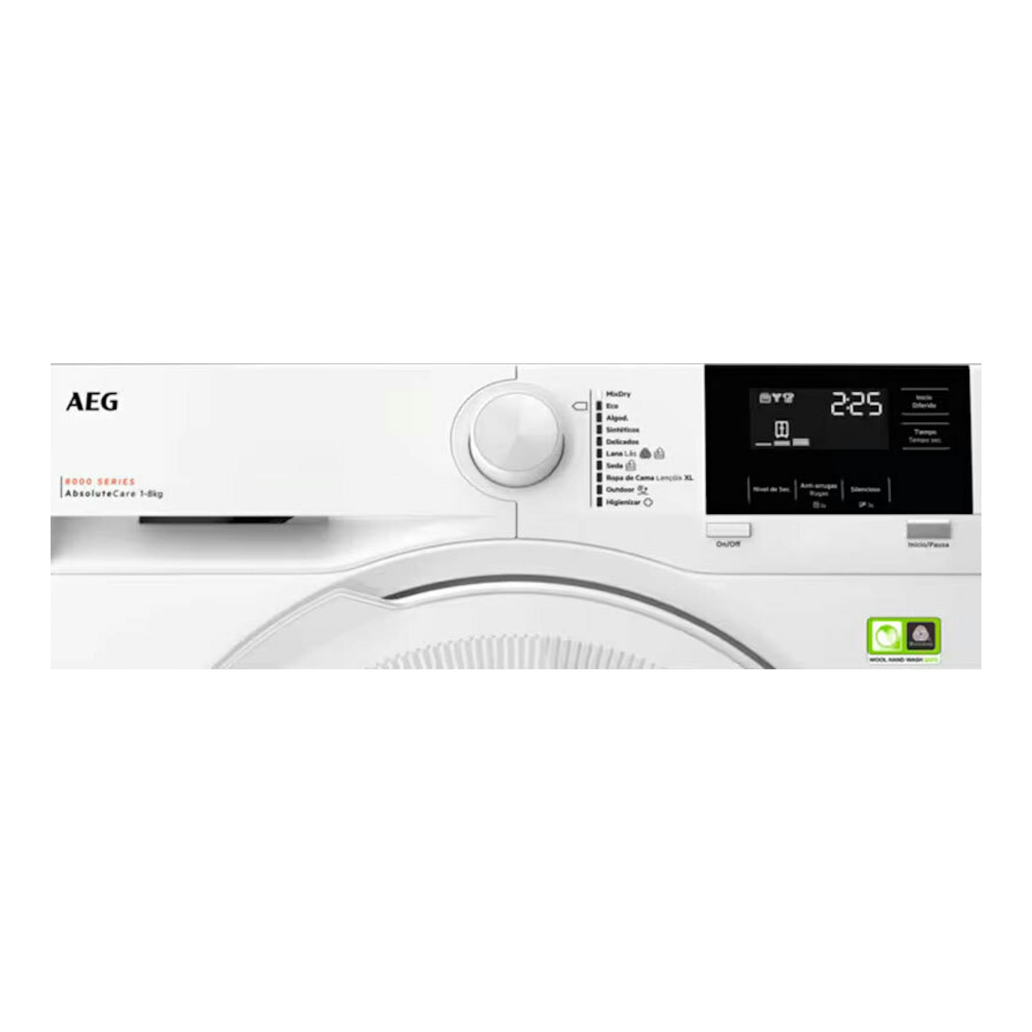 Secadora AEG TR818A2PB blanca, vista frontal parcial con panel de control y puerta circular.