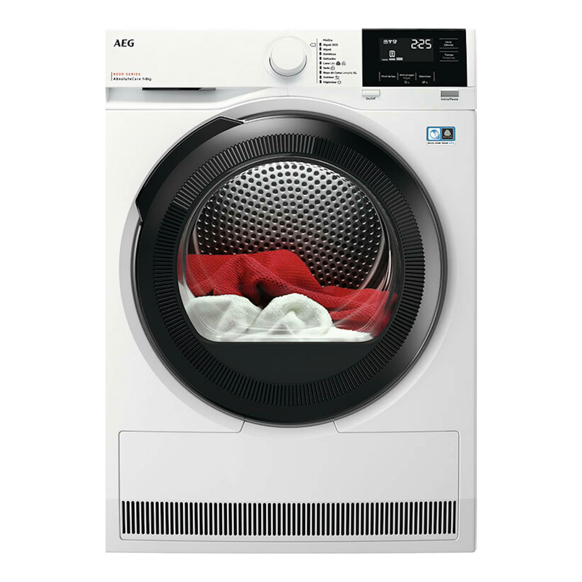 Secadora AEG TR818A4OB blanca, vista frontal, con puerta negra circular y panel digital superior.