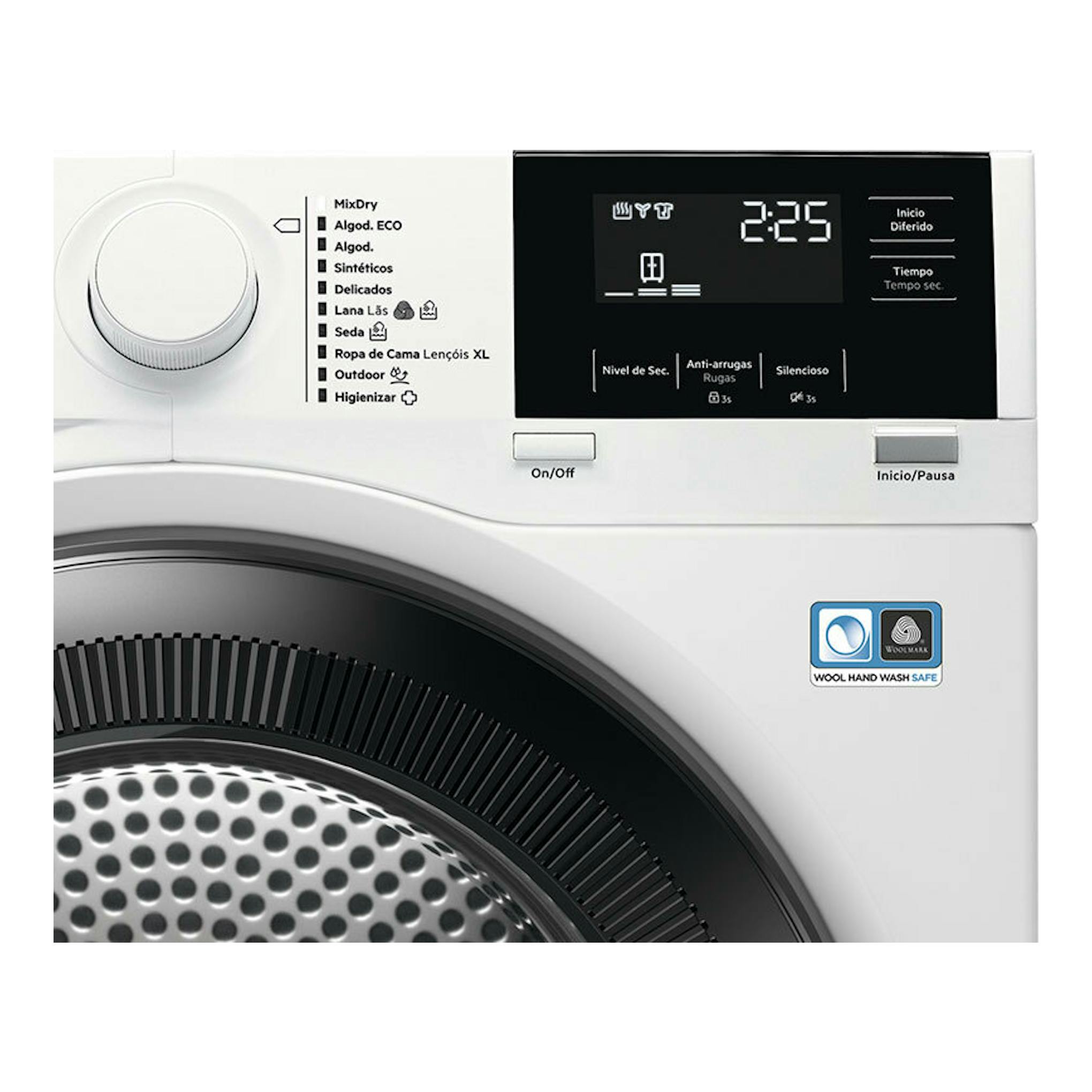 Secadora AEG TR818A4OB blanca, vista frontal parcial, con panel negro, dial a la izquierda y puerta circular.