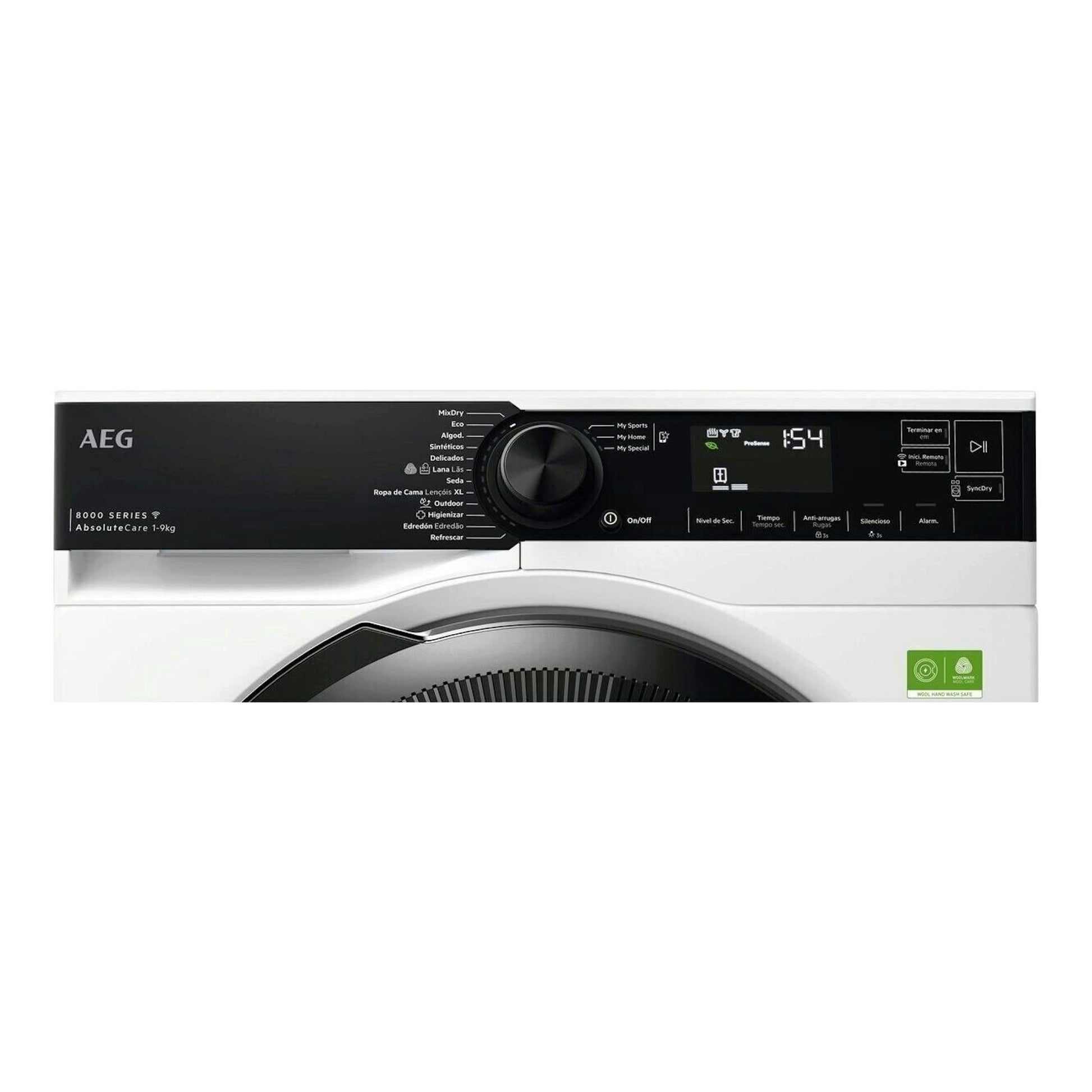 Secadora AEG TR839T4PBCP, vista frontal, blanca y negra, con selector central y display digital.