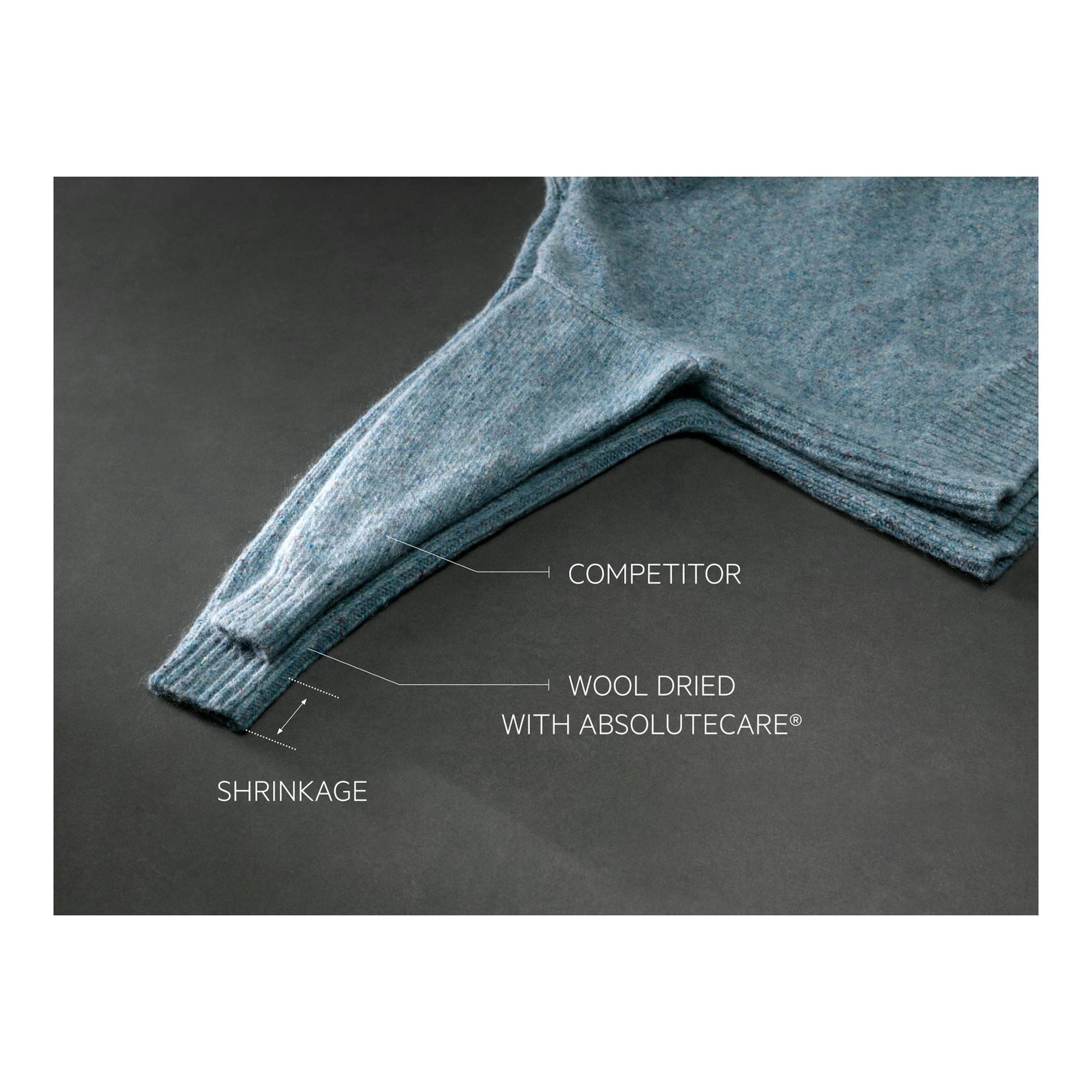 Detalle de manga de jersey azul sobre fondo gris, con textos «competitor», «wool dried with AbsoluteCare®» y «shrinkage».
