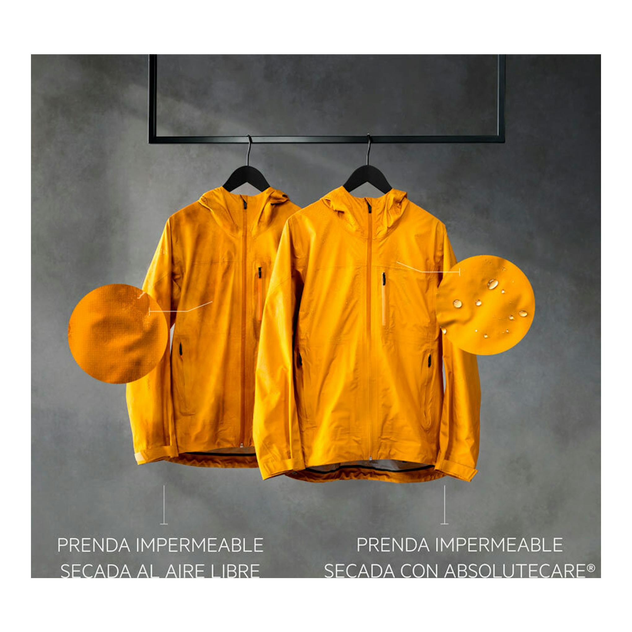 AEG TR939V4PB: dos chaquetas impermeables colgadas, una secada al aire libre y otra con AbsoluteCare.