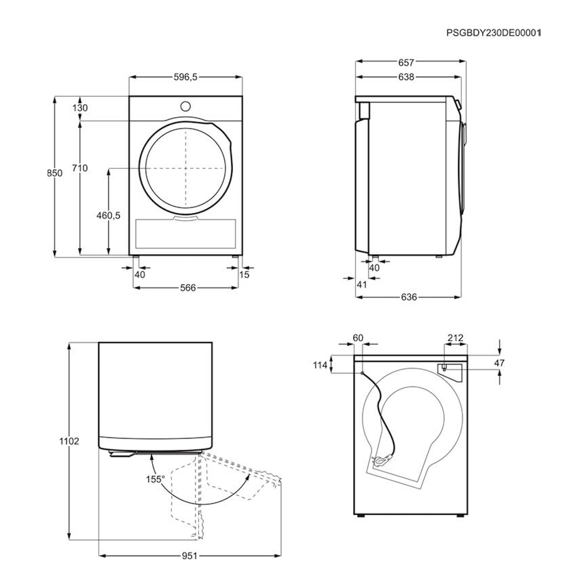 AEG TR939V4PB: dibujo técnico de secadora 9 kg con vistas frontal, lateral y trasera y medidas.