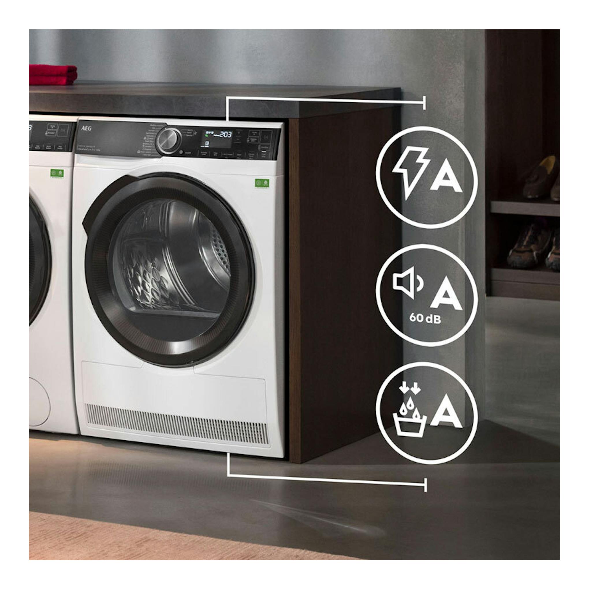 Secadora AEG TR939V4PB 9 kg, blanca, vista frontal, integrada bajo encimera, con puerta circular y panel negro.