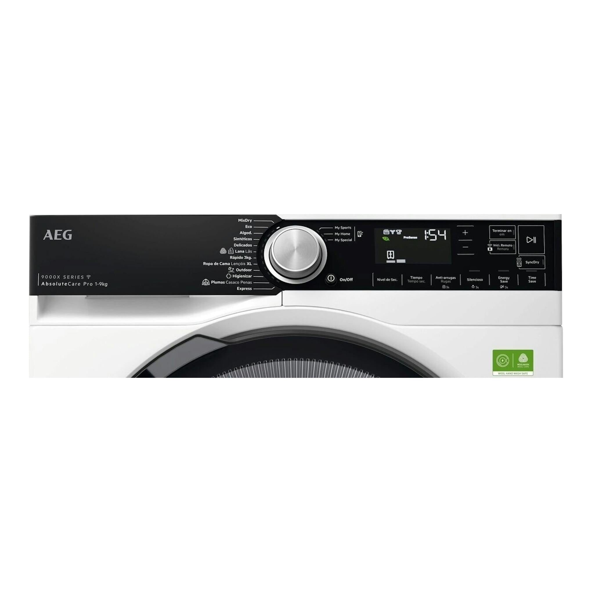 Secadora AEG TR959V6PBC blanca y negra, vista frontal, con panel digital y selector central.