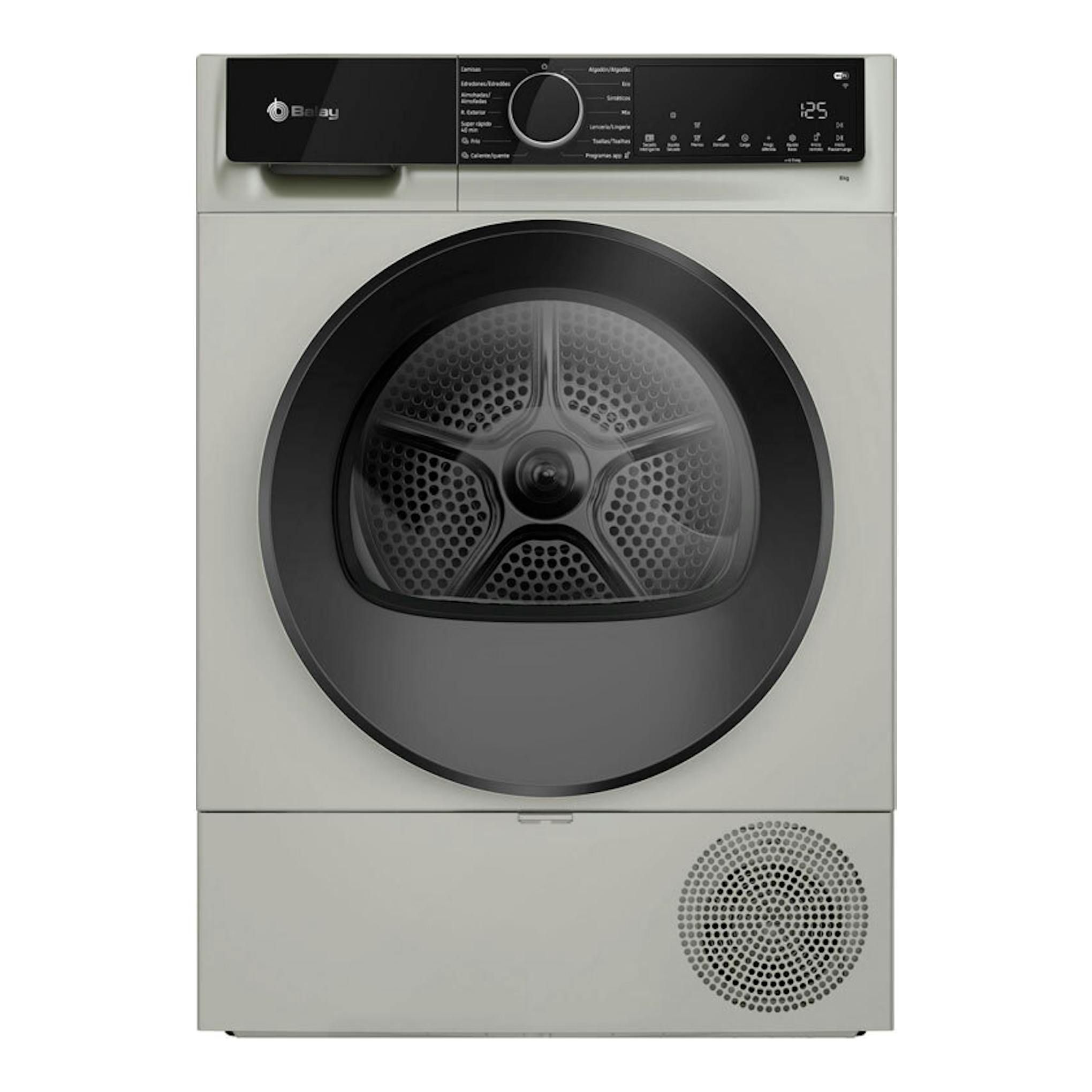 Secadora Balay 3SB093XC gris, vista frontal, con puerta circular negra y panel superior digital.