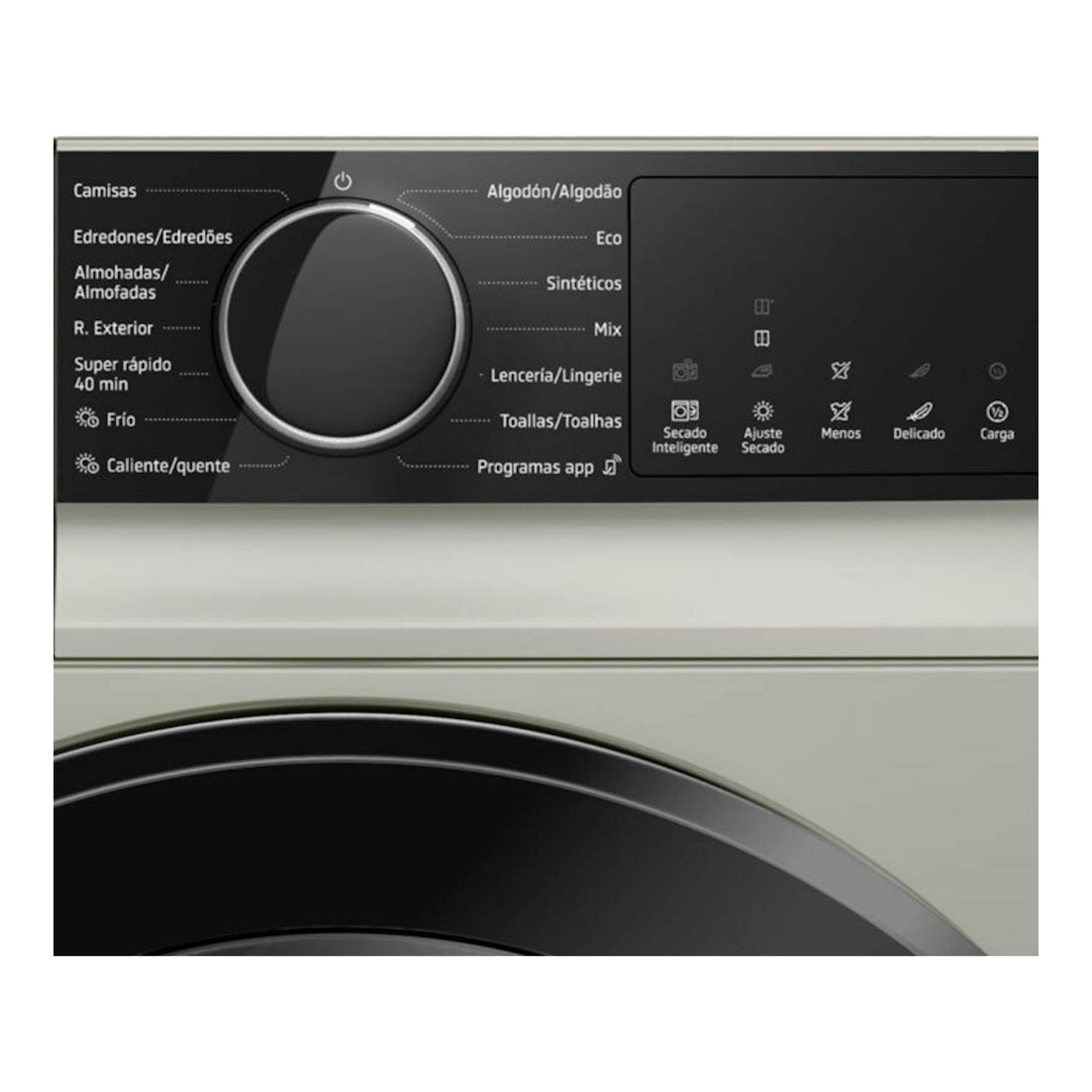 Panel de secadora Balay 3SB093XC, negro y plateado, con selector giratorio y programas.