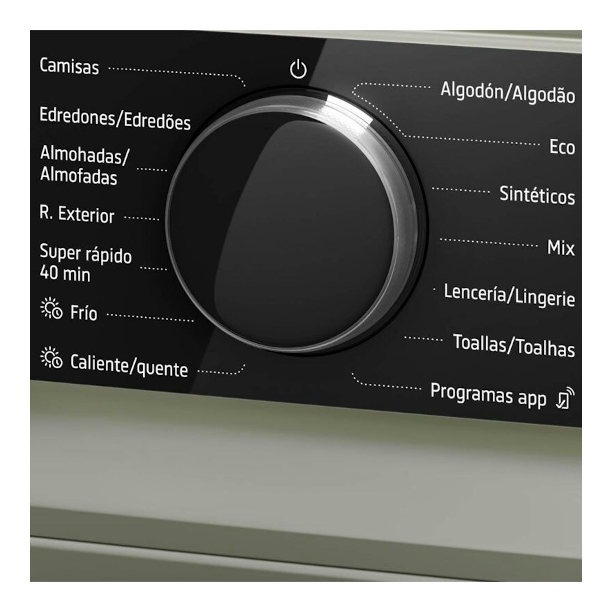 Secadora Balay 3SB093XC negra, primer plano del selector central con programas de secado.