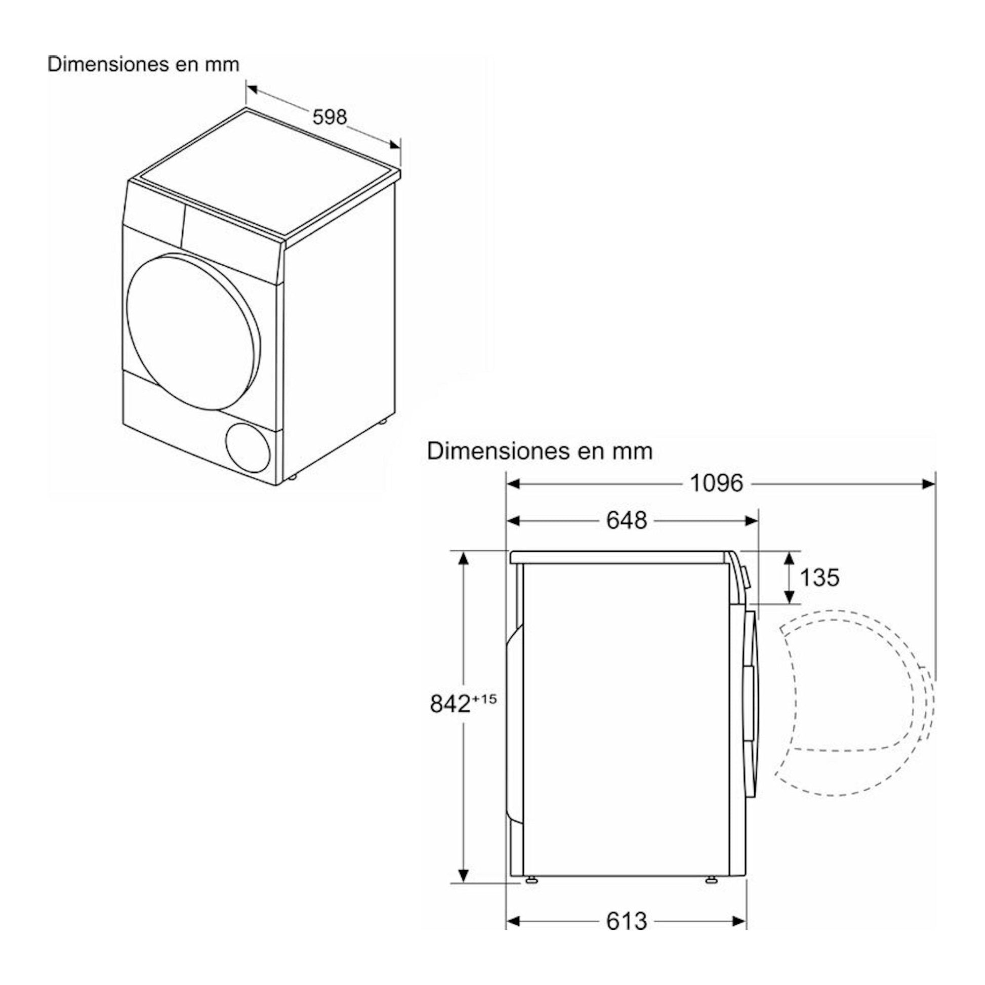 Bosch WQG235D1ES, esquema de secadora blanca en vista isométrica y lateral con medidas en mm.