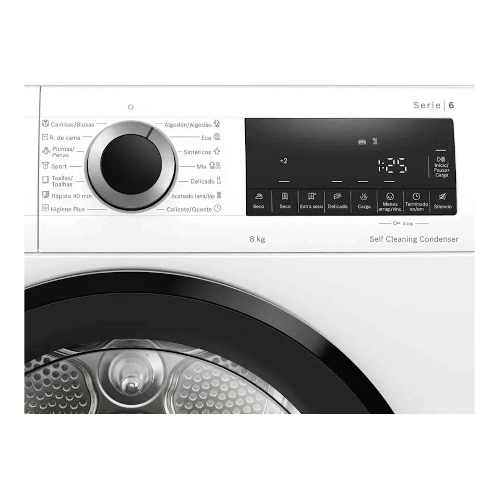 Secadora Bosch Serie 6 WQG235D1ES blanca, vista frontal, panel digital negro y puerta circular negra.