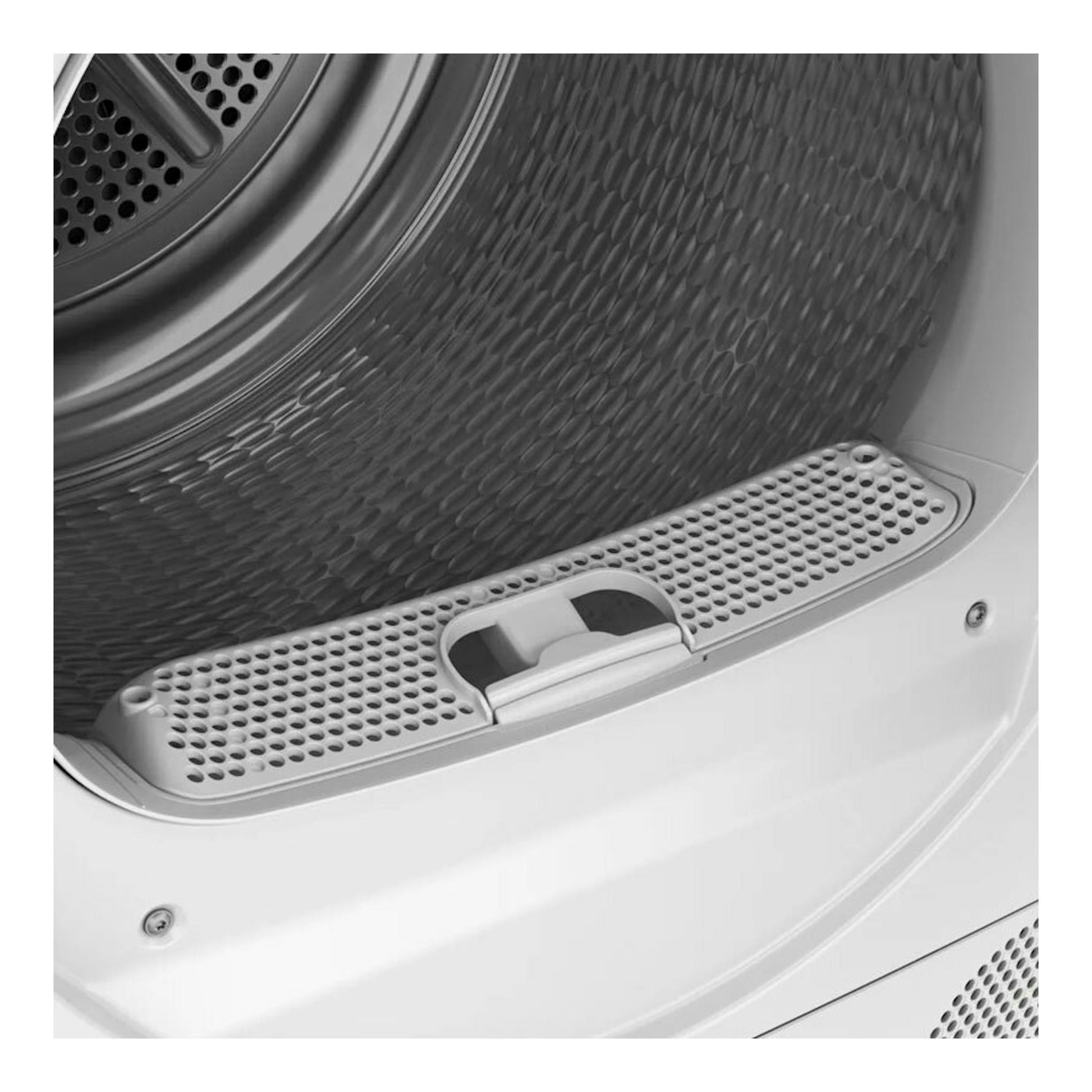 Interior de secadora Bosch WQG235D1ES blanca, con tambor metálico y filtro de pelusas en primer plano.