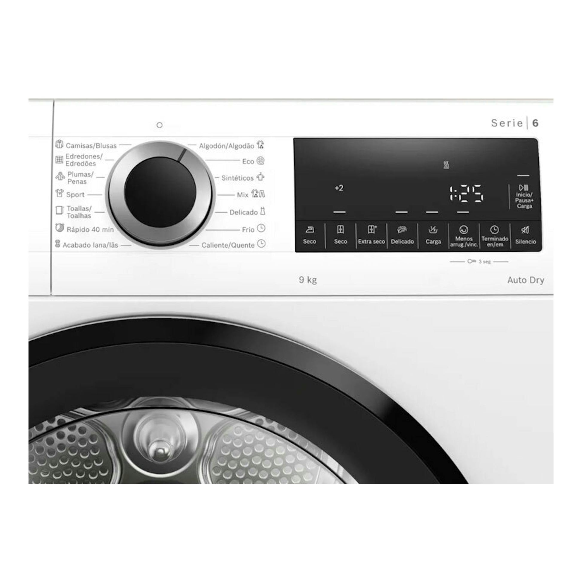 Secadora Bosch Serie 6 WQG24200ES blanca, vista frontal parcial con panel digital y selector giratorio.