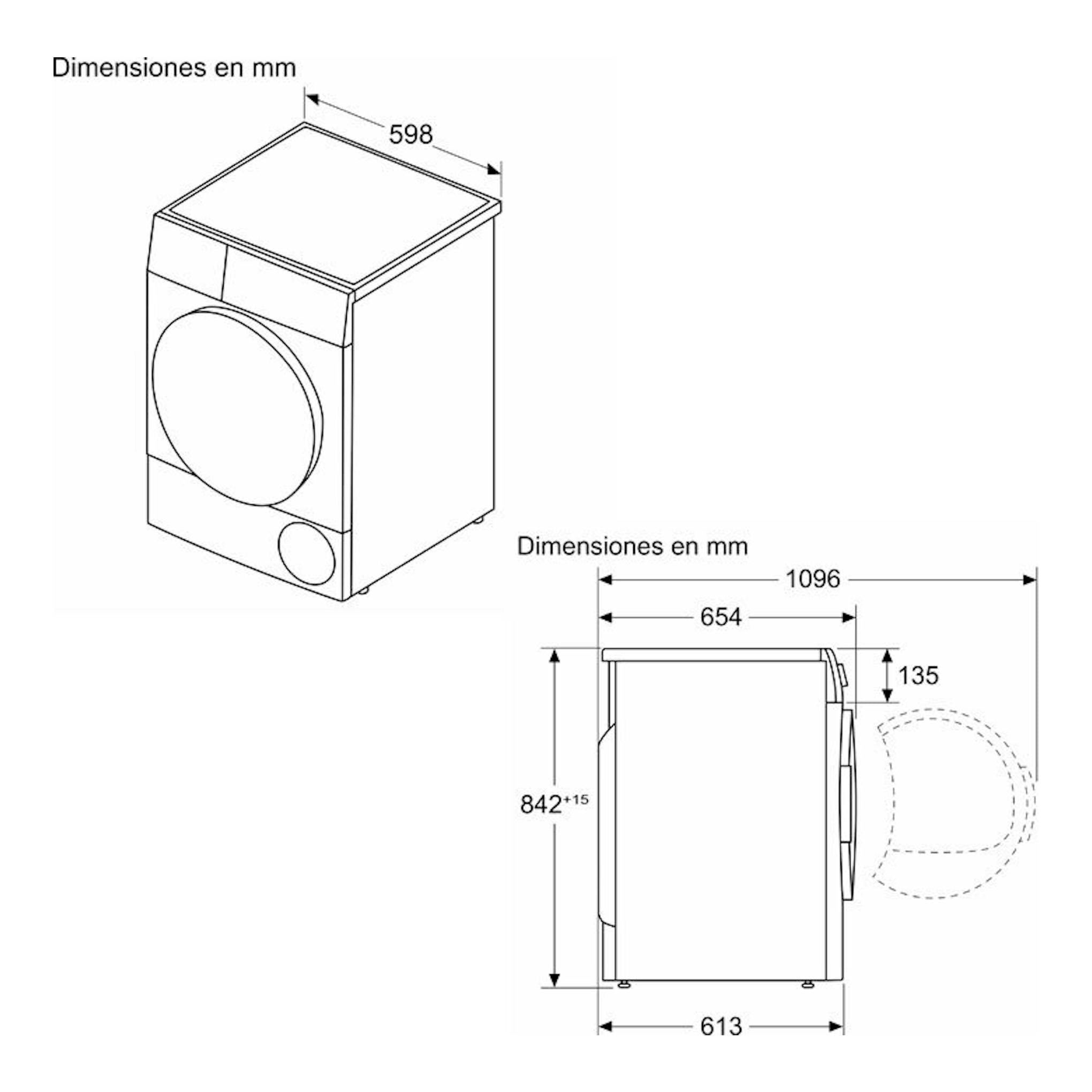 Bosch WQG245D0ES, secadora en esquema técnico en blanco y negro, vistas frontal y lateral con medidas en mm.