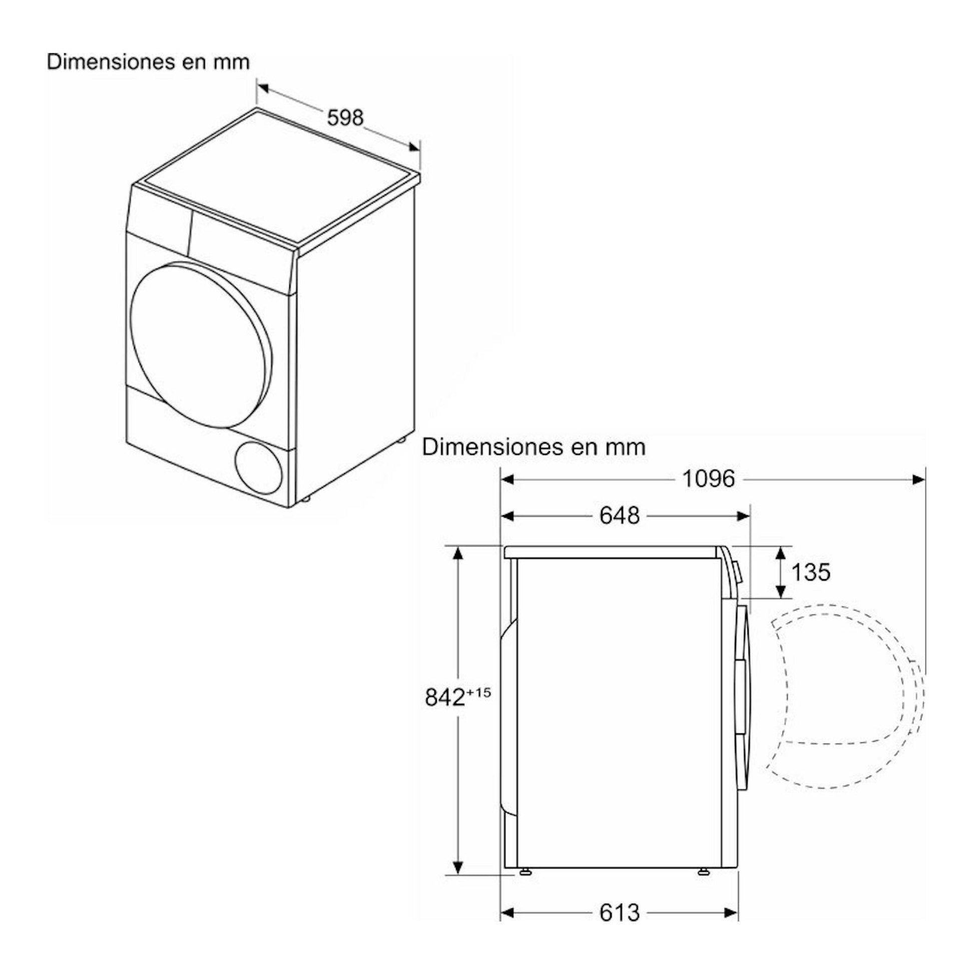 Dibujo técnico de secadora Bosch WQG245DRES blanca, vista frontal y lateral, con dimensiones en mm.