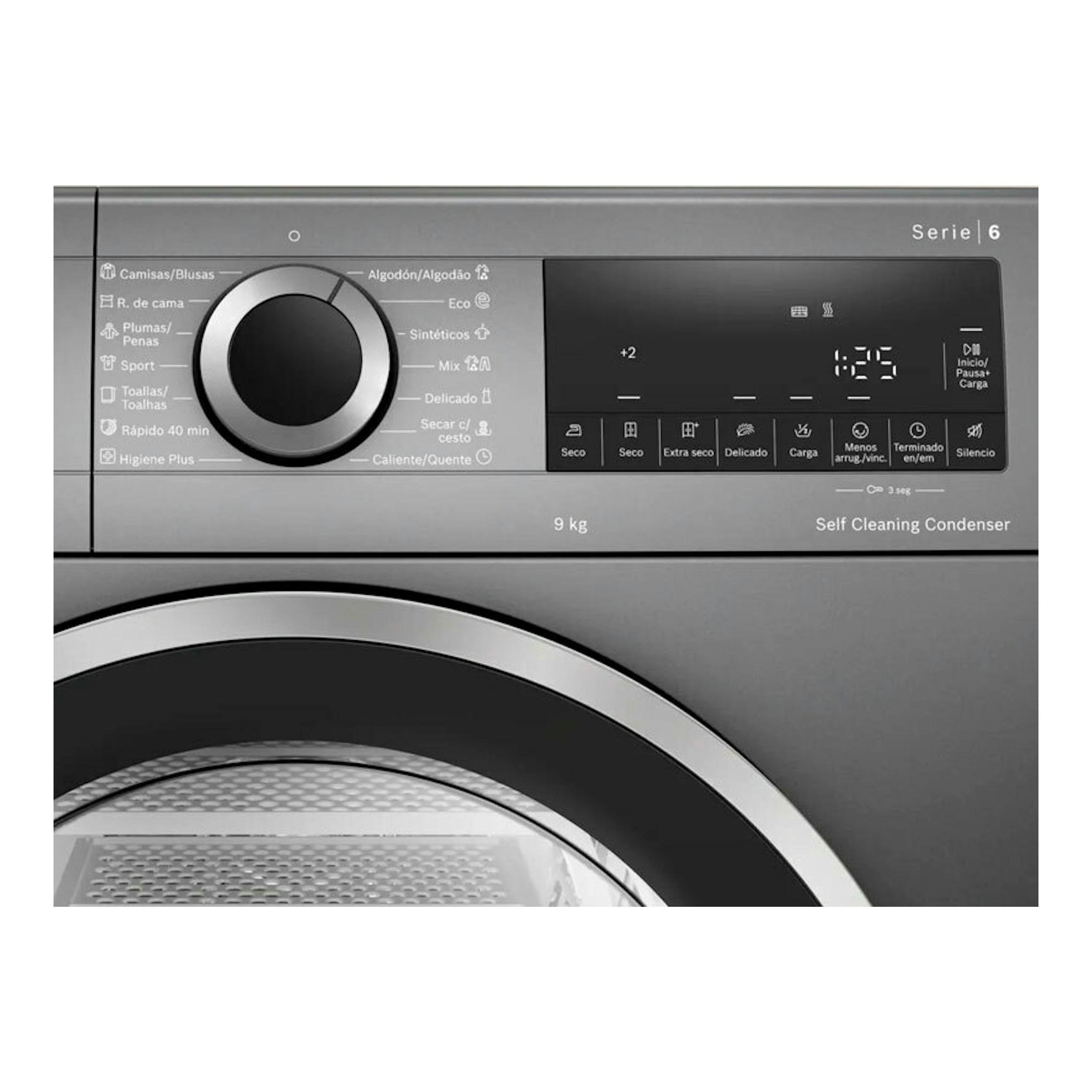 Secadora Bosch WQG245DRES gris, vista frontal del panel de control y puerta circular.