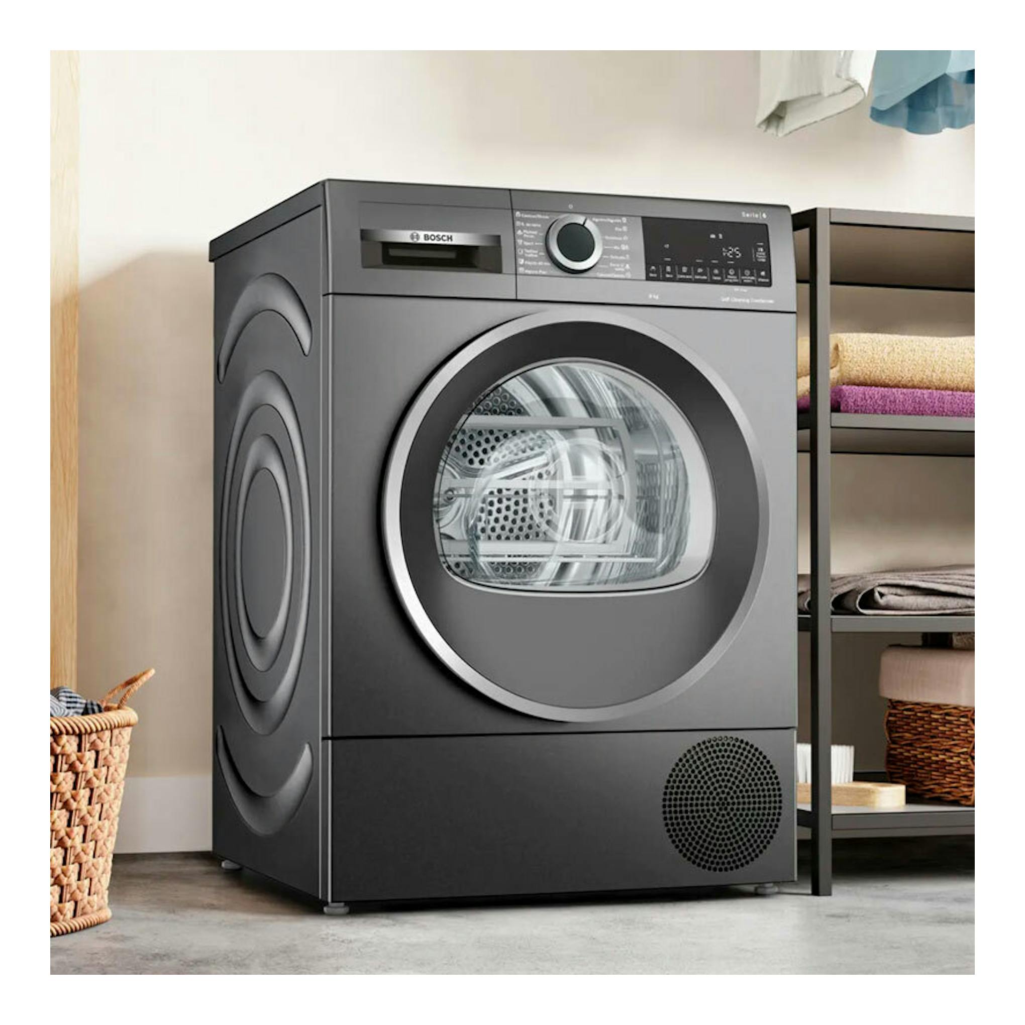 Secadora Bosch WQG245DRES 9 kg gris oscuro, vista frontal en ángulo, con puerta circular y panel digital.