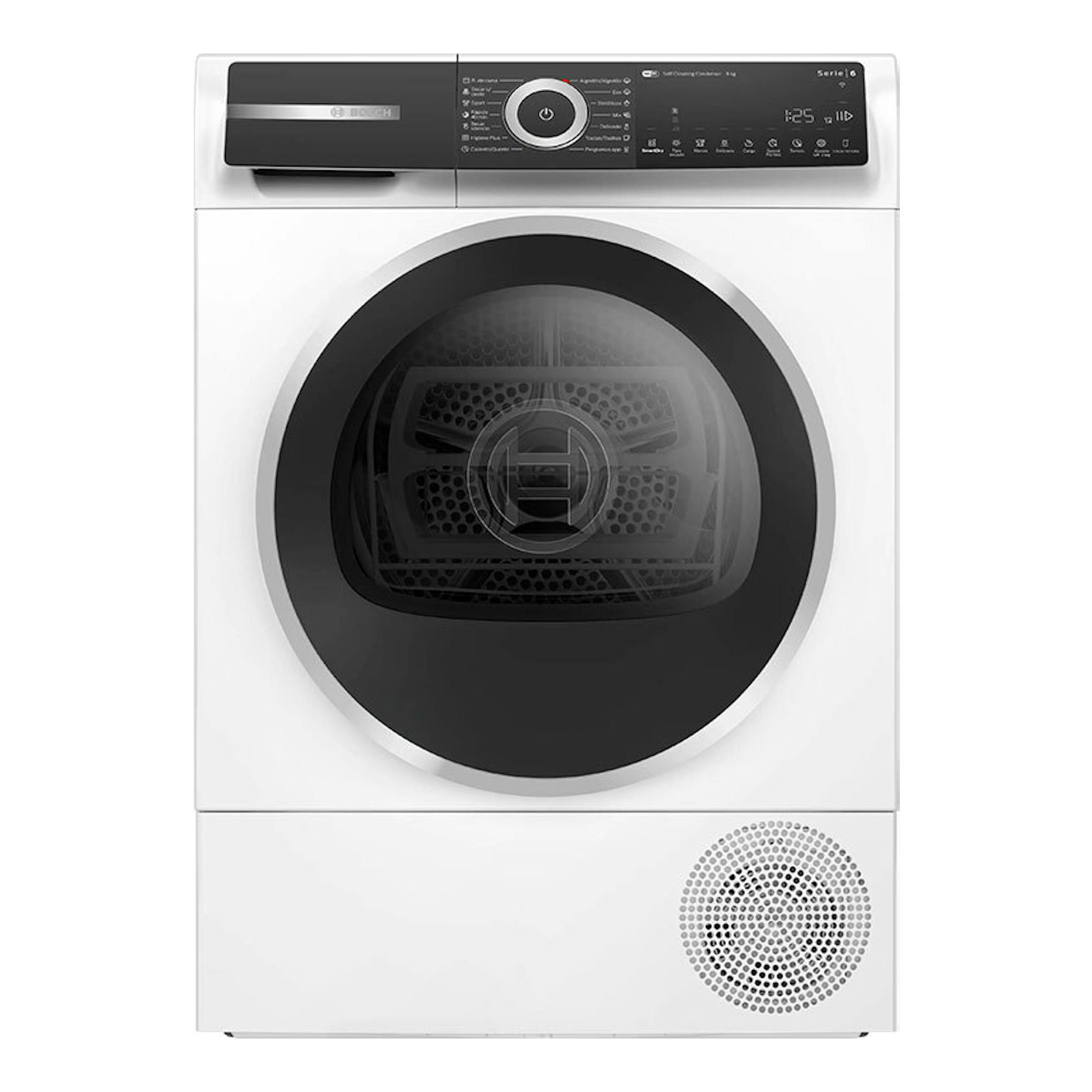 Secadora Bosch WQH246B0ES blanca, vista frontal, con puerta circular negra y panel superior táctil.