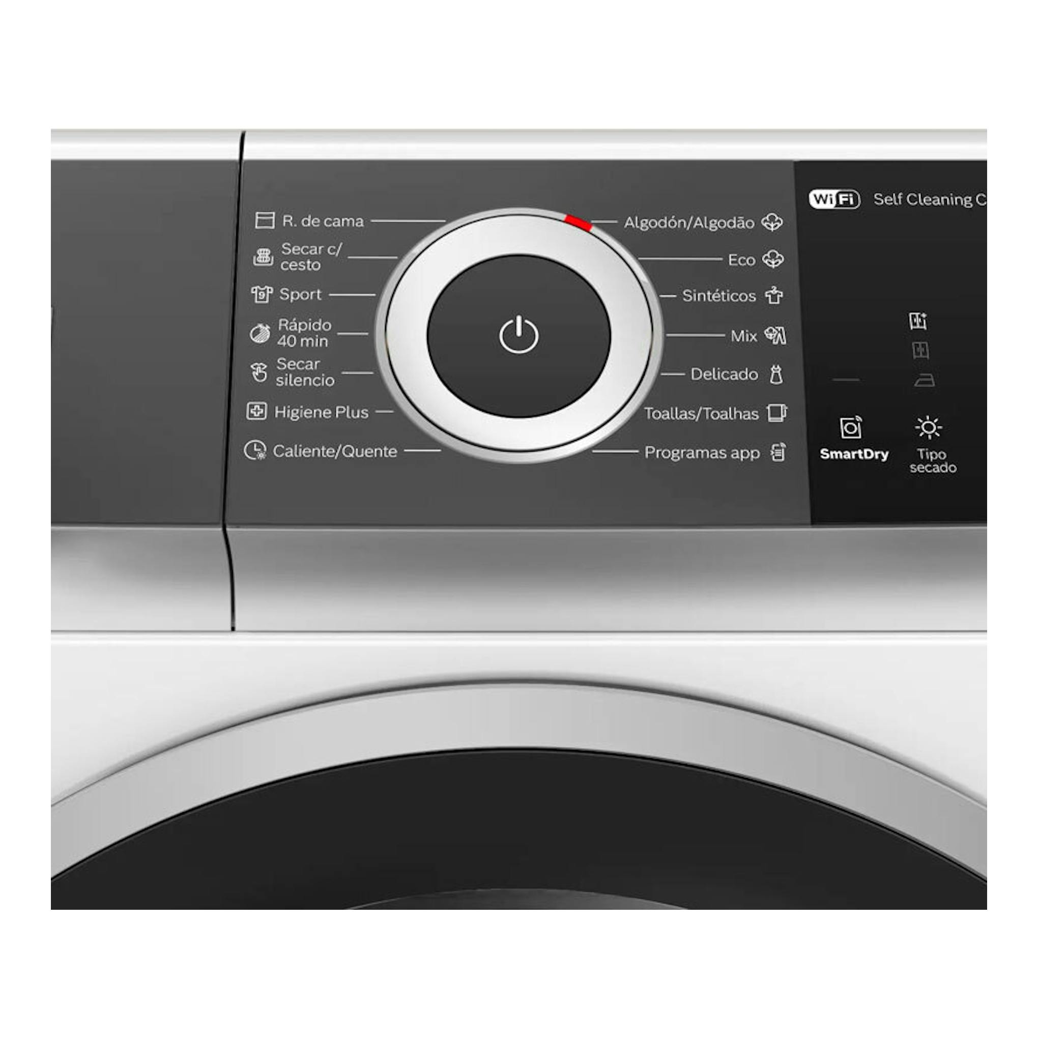 Primer plano del panel de control de secadora Bosch WQH246B0ES, en gris y negro, con selector central.