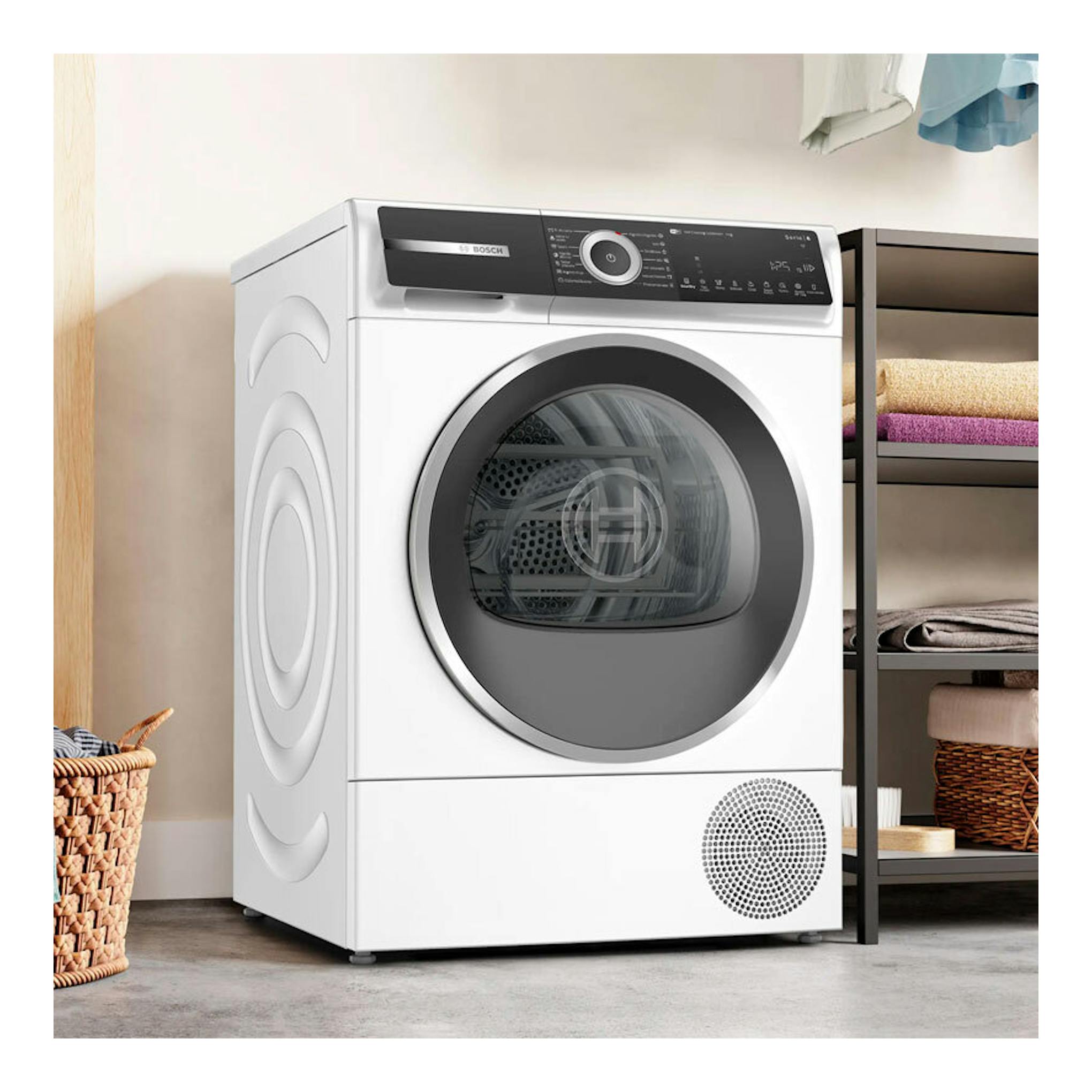 Secadora Bosch WQH246B0ES blanca, vista frontal, con puerta circular y panel de control superior negro.