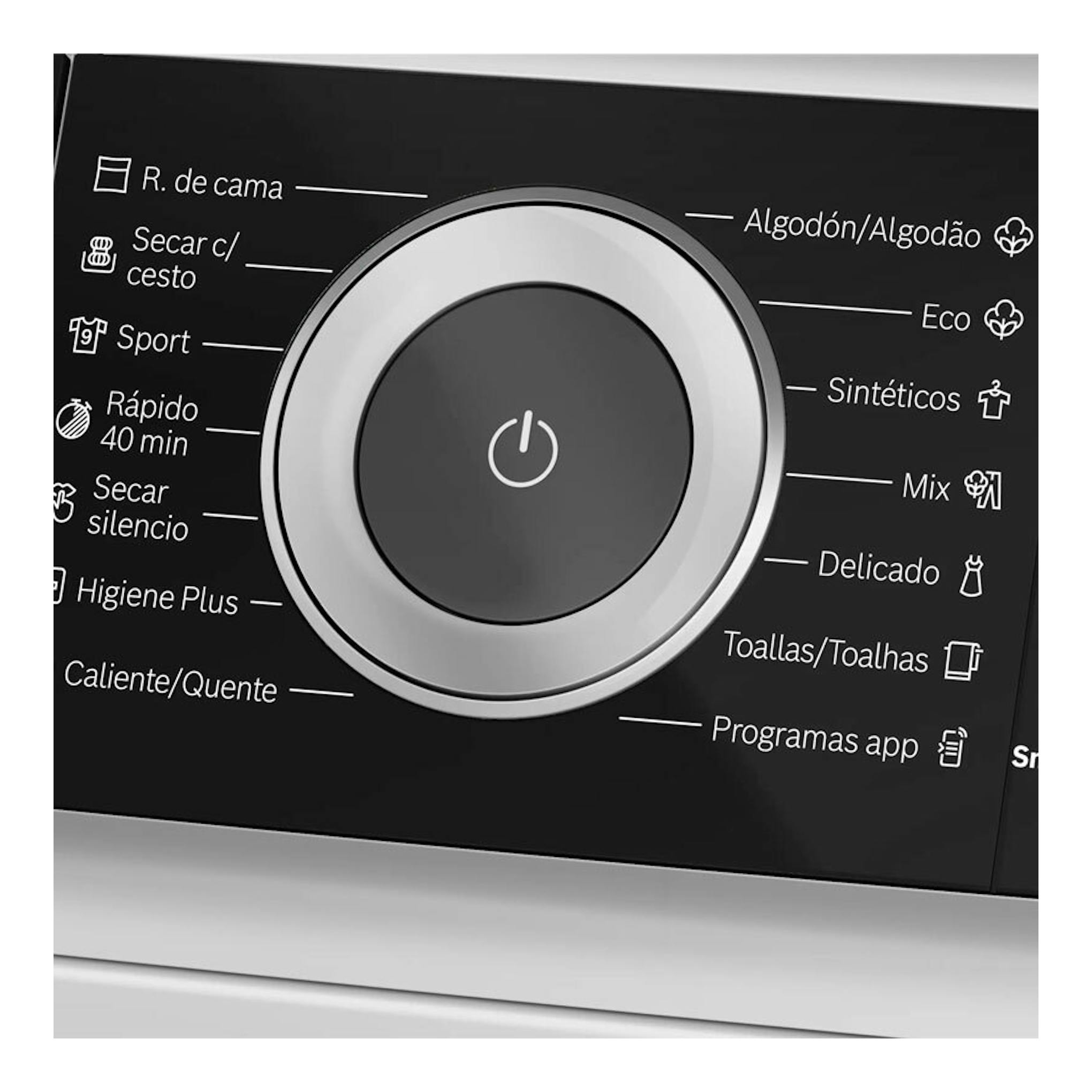 Primer plano del panel de control negro de secadora Bosch WQH246B0ES, con selector circular y programas en español.
