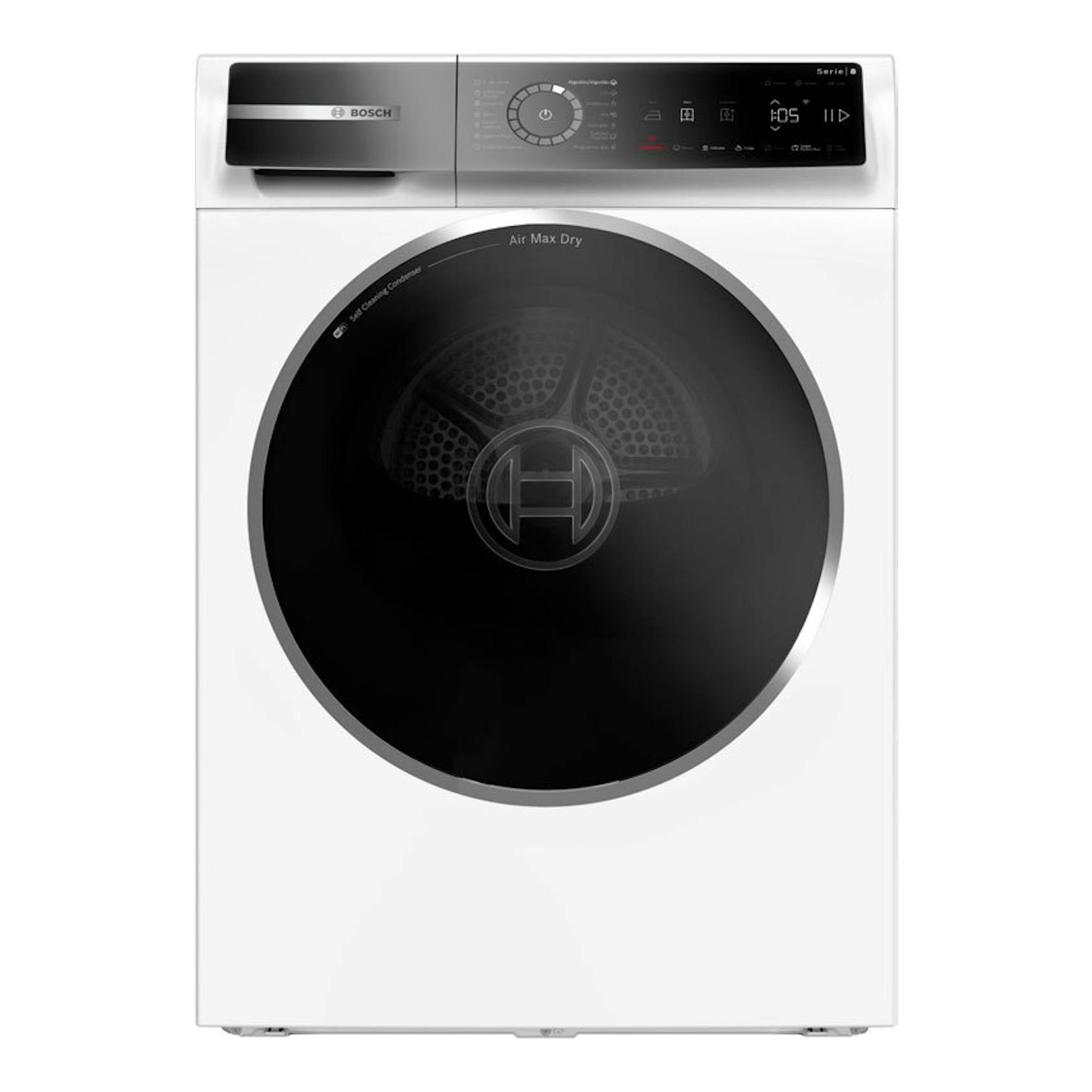 Secadora Bosch Serie 8 blanca, vista frontal, con puerta circular negra y panel superior.
