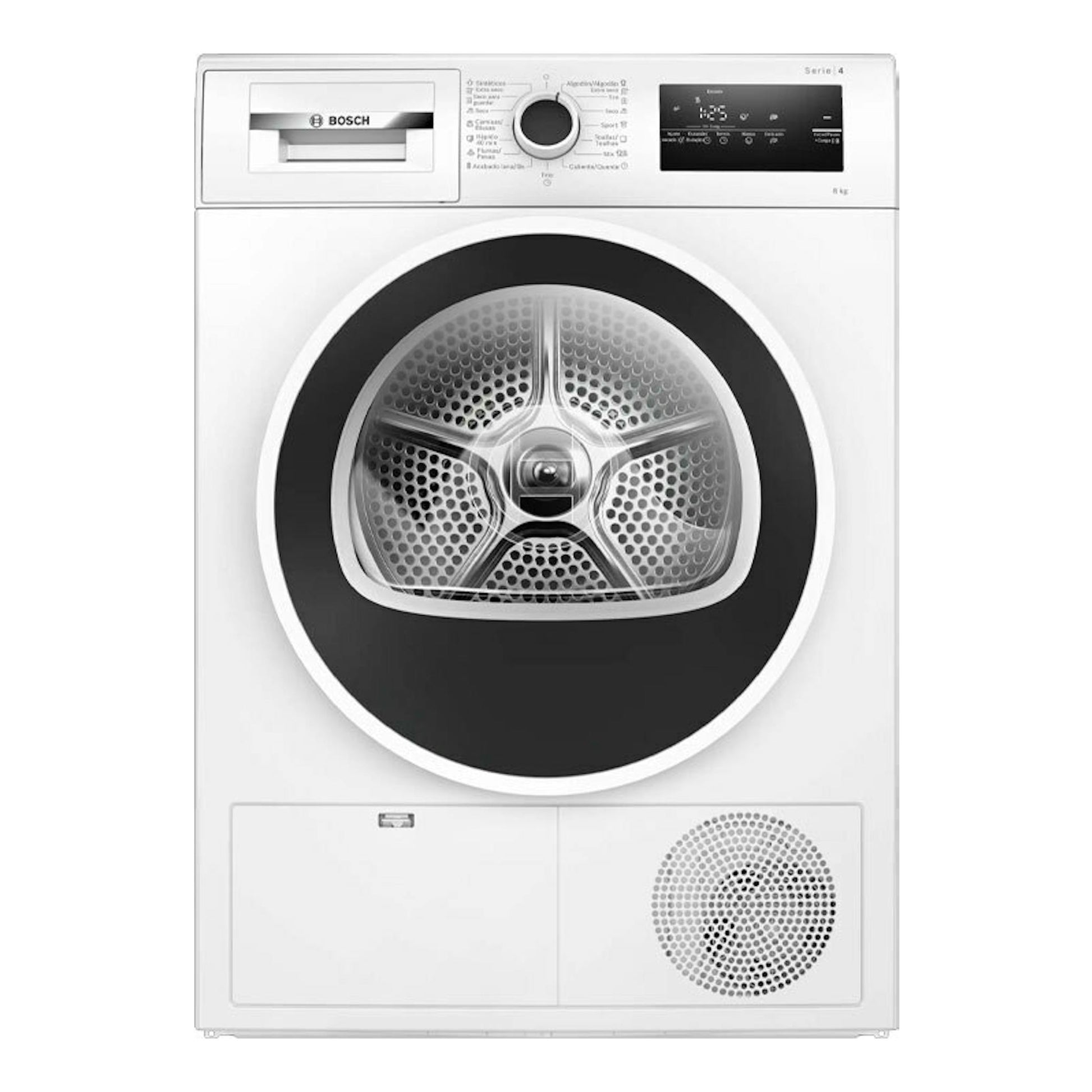 Secadora Bosch WTR83200ES Serie 4 blanca, vista frontal, con puerta circular negra y panel superior.