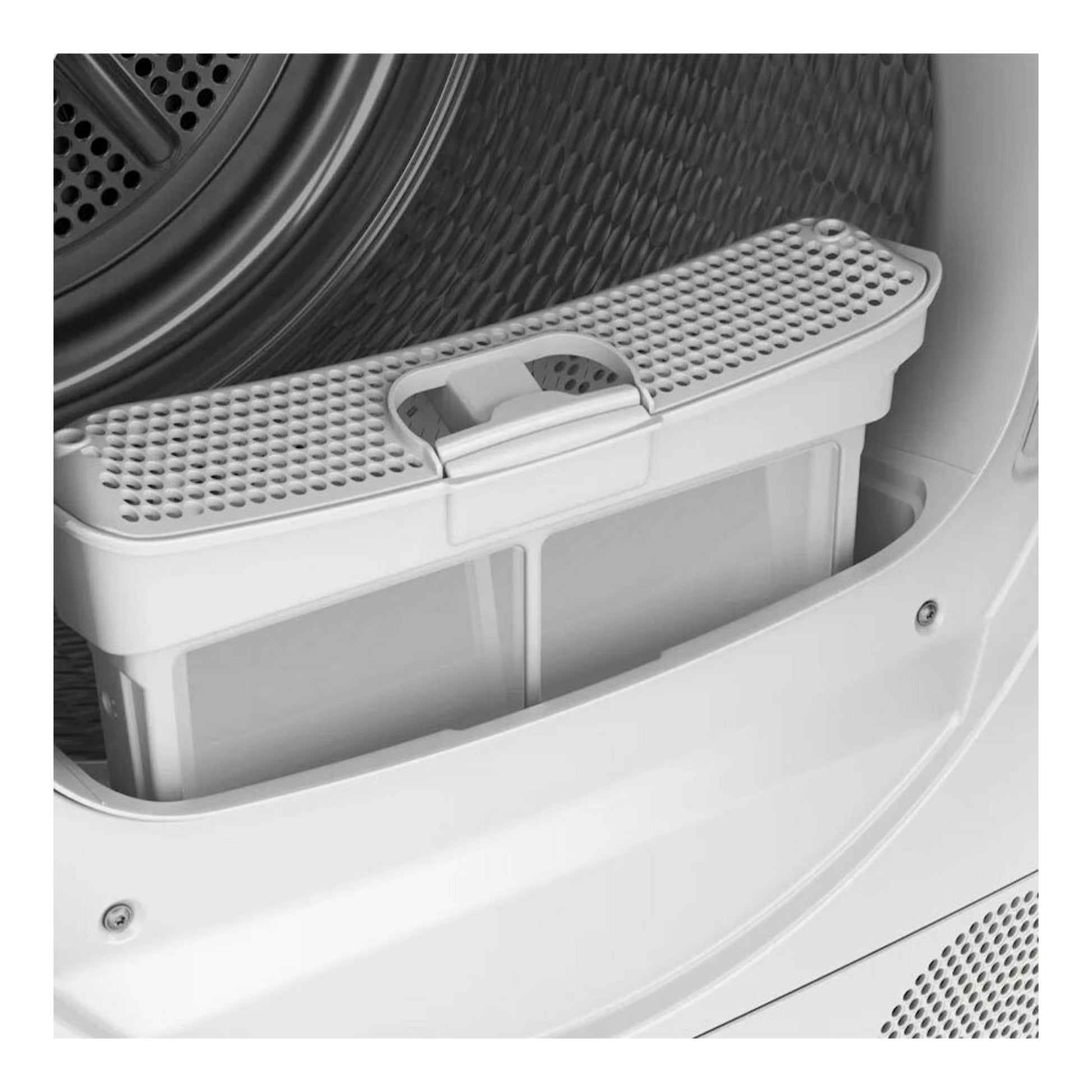 Bosch WTR83200ES: interior de secadora blanca con filtro de pelusas extraíble, vista en primer plano.