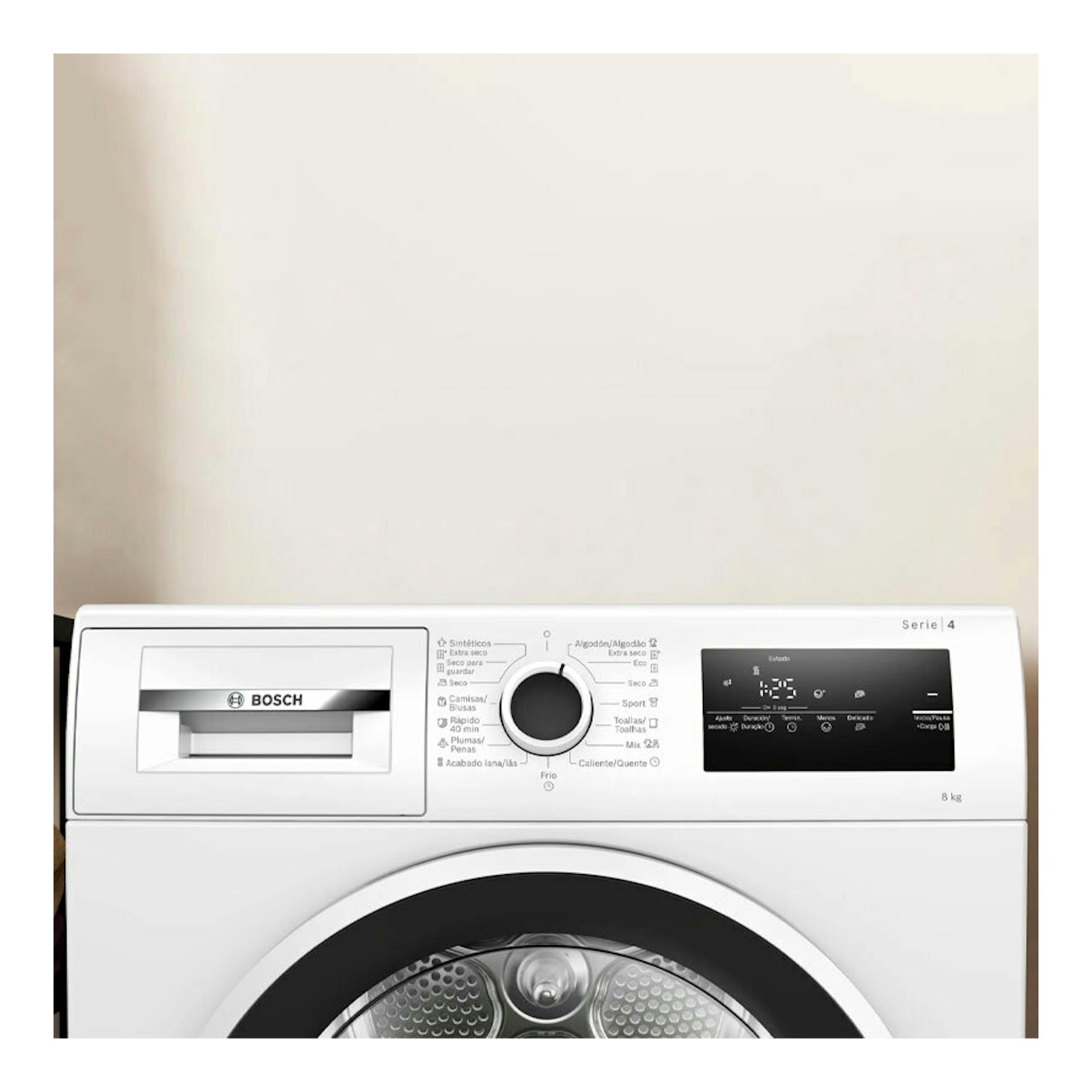 Secadora Bosch WTR83200ES blanca, vista frontal, con panel digital y puerta circular.